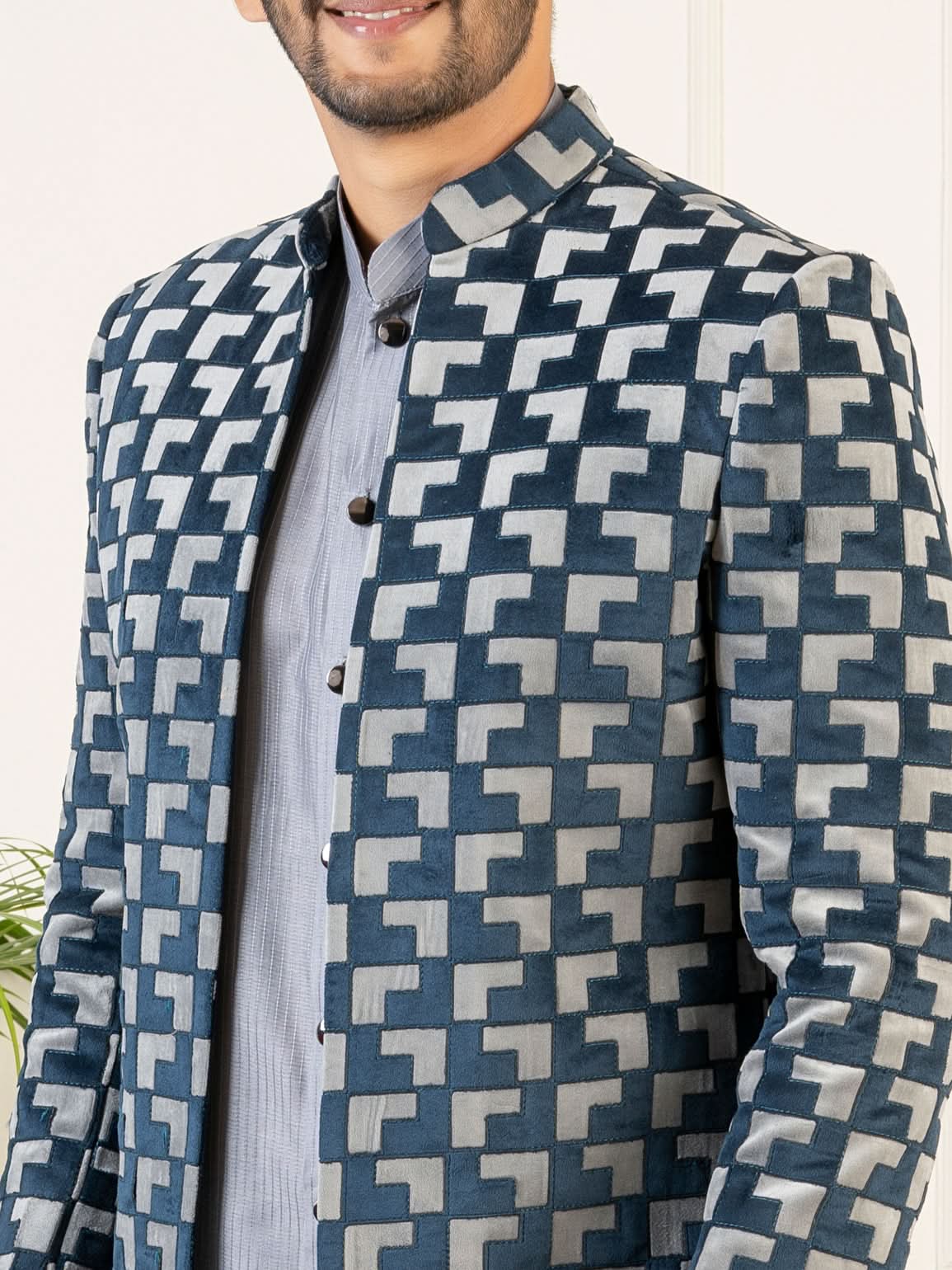 Grey Navy Velvet Indowestern