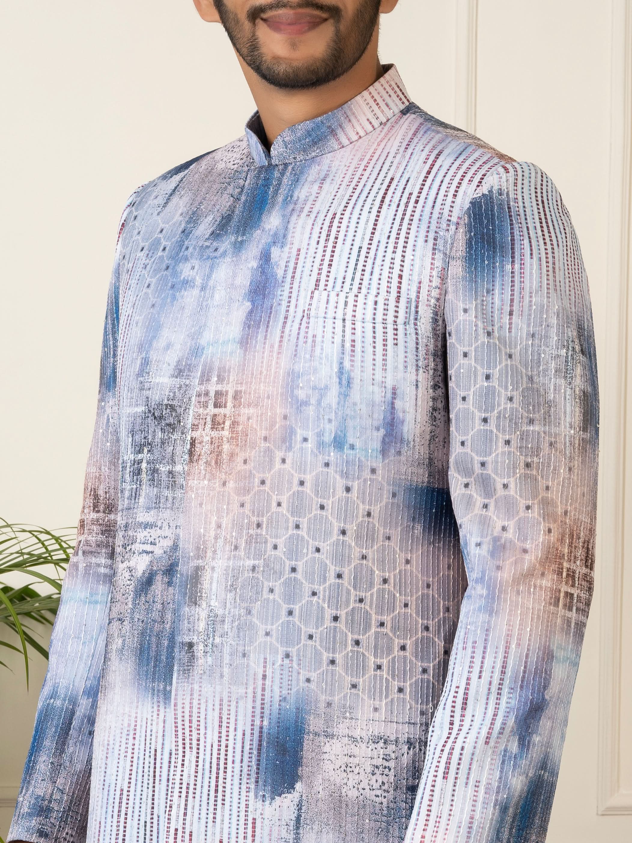 Blue Printed Seqin Embriodered Indowestern
