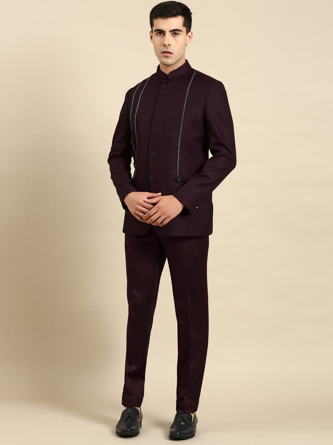 Wine Embroidered Bandhgala with velvet Detailing