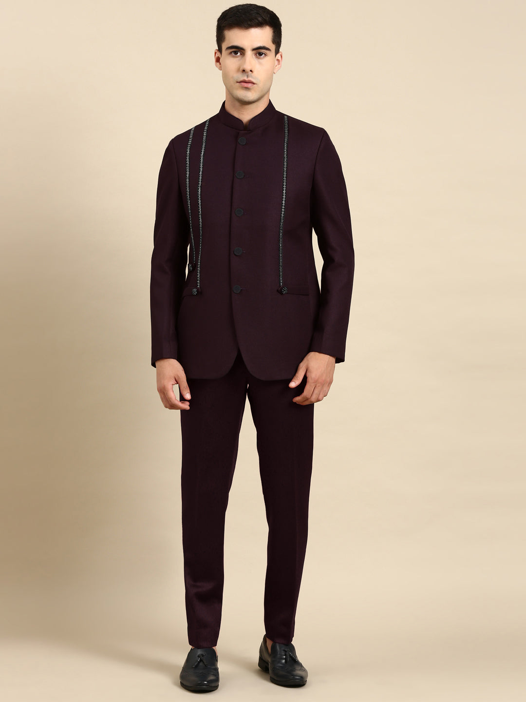 Wine Embroidered Bandhgala with velvet Detailing