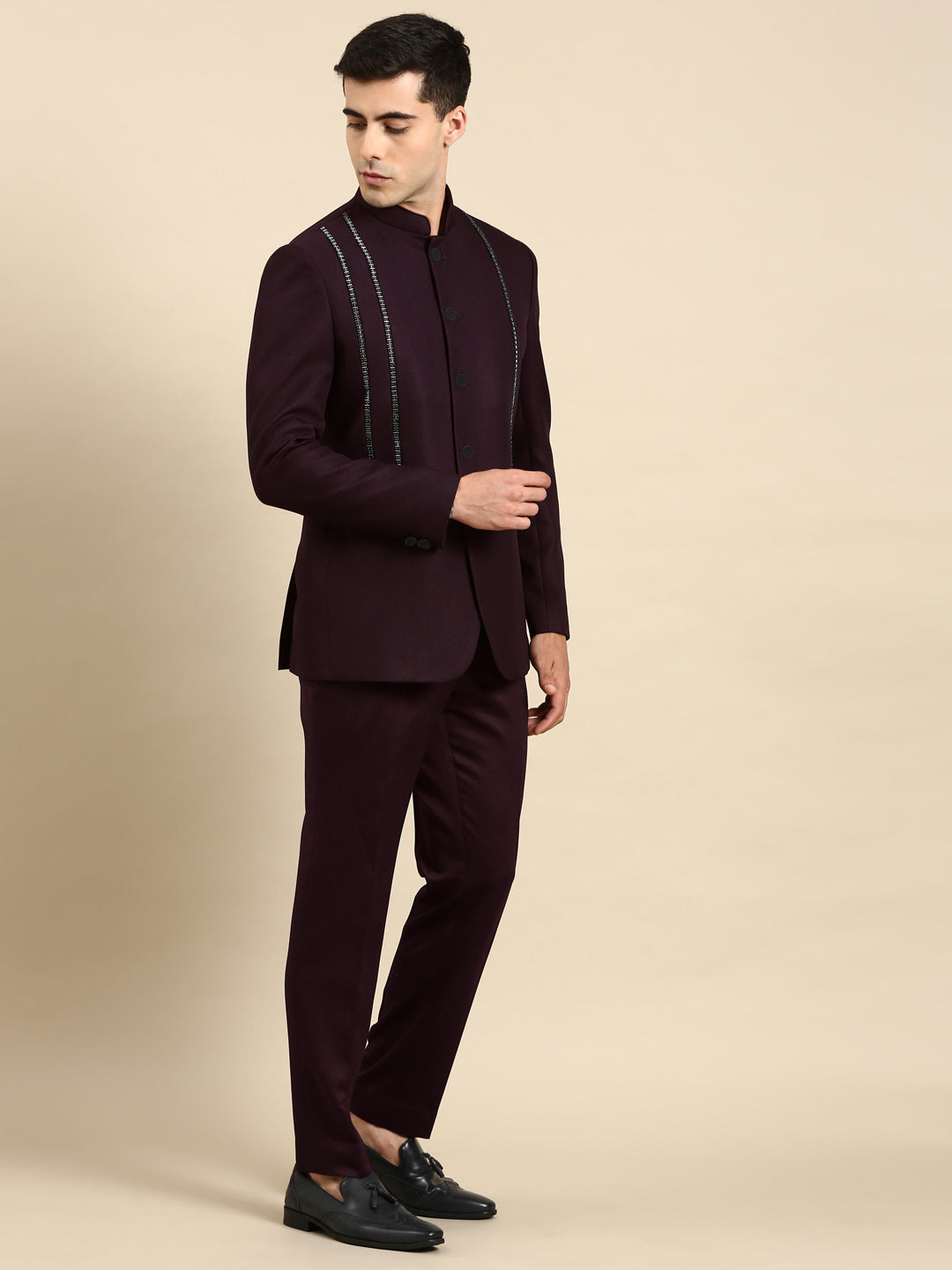 Wine Embroidered Bandhgala with velvet Detailing