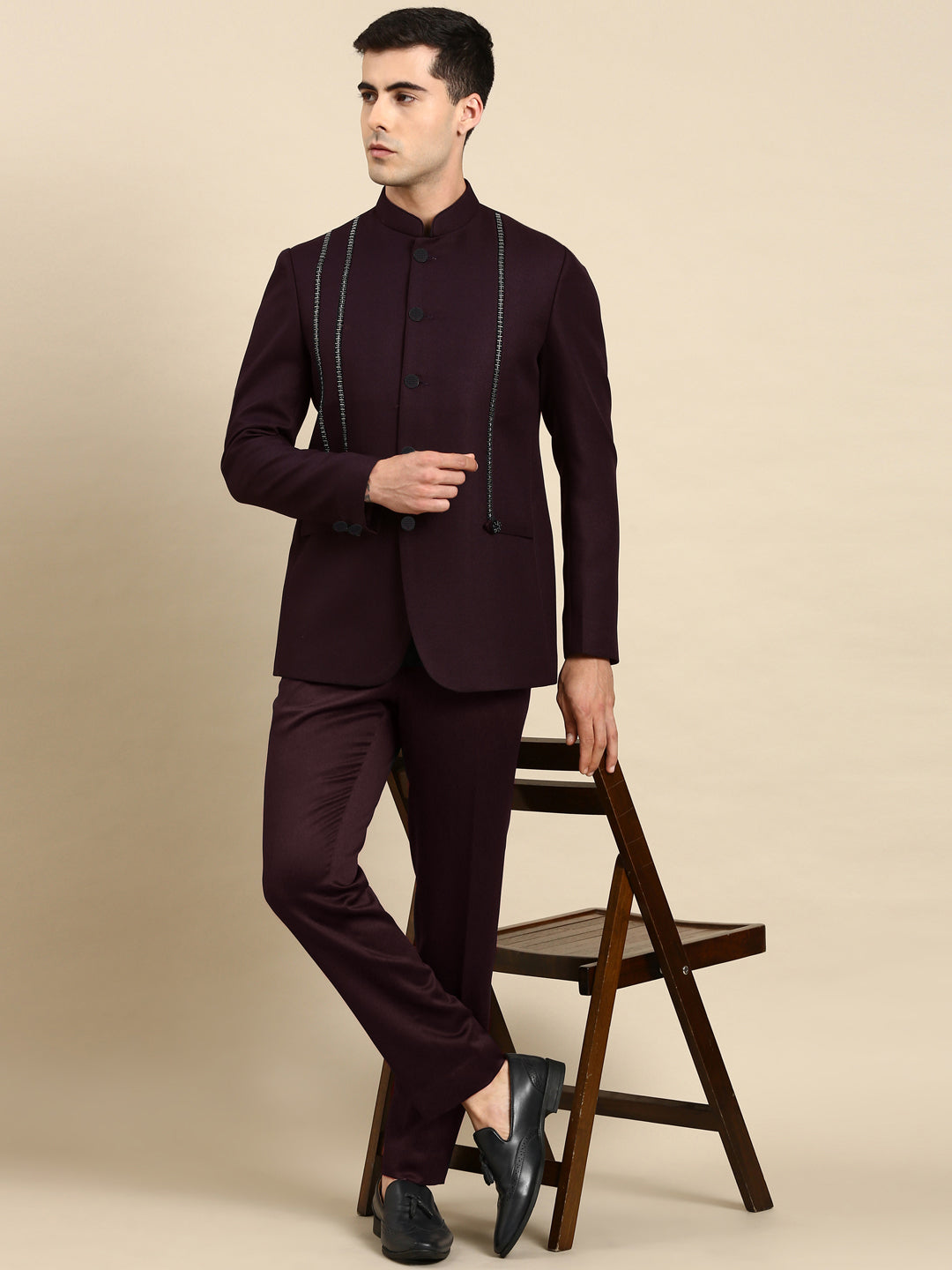 Wine Embroidered Bandhgala with velvet Detailing