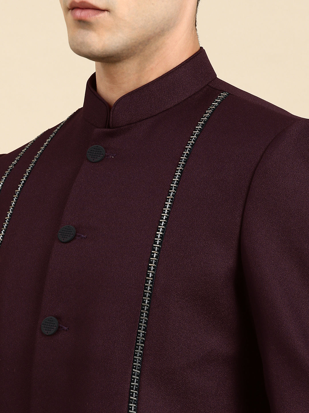 Wine Embroidered Bandhgala with velvet Detailing