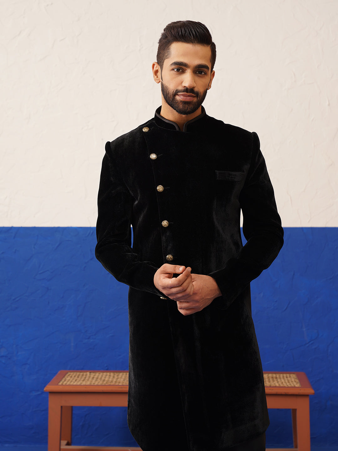 Rishabh Chawla in Black velvet Asymmetric Indowestern