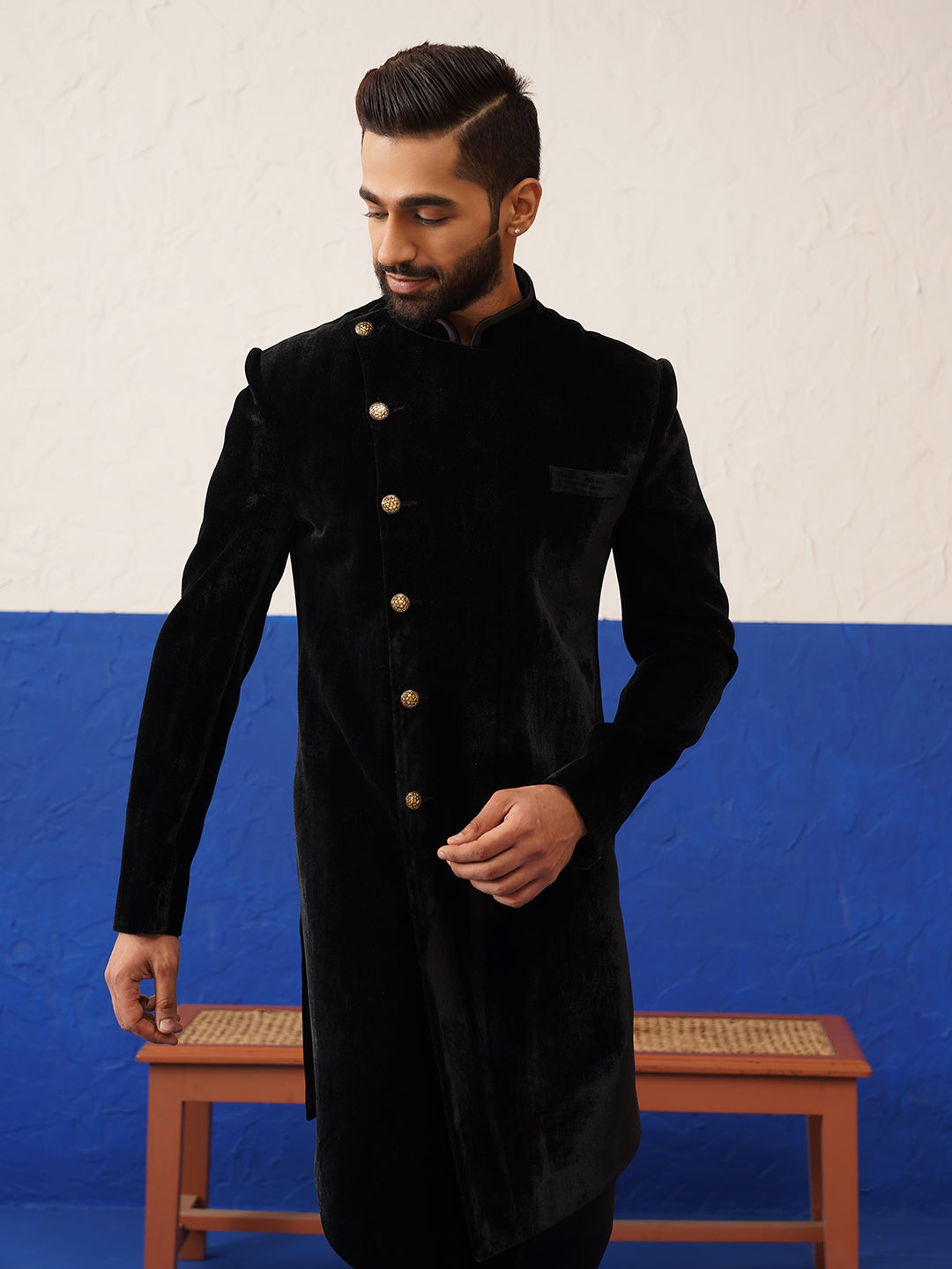 Rishabh Chawla in Black velvet Asymmetric Indowestern