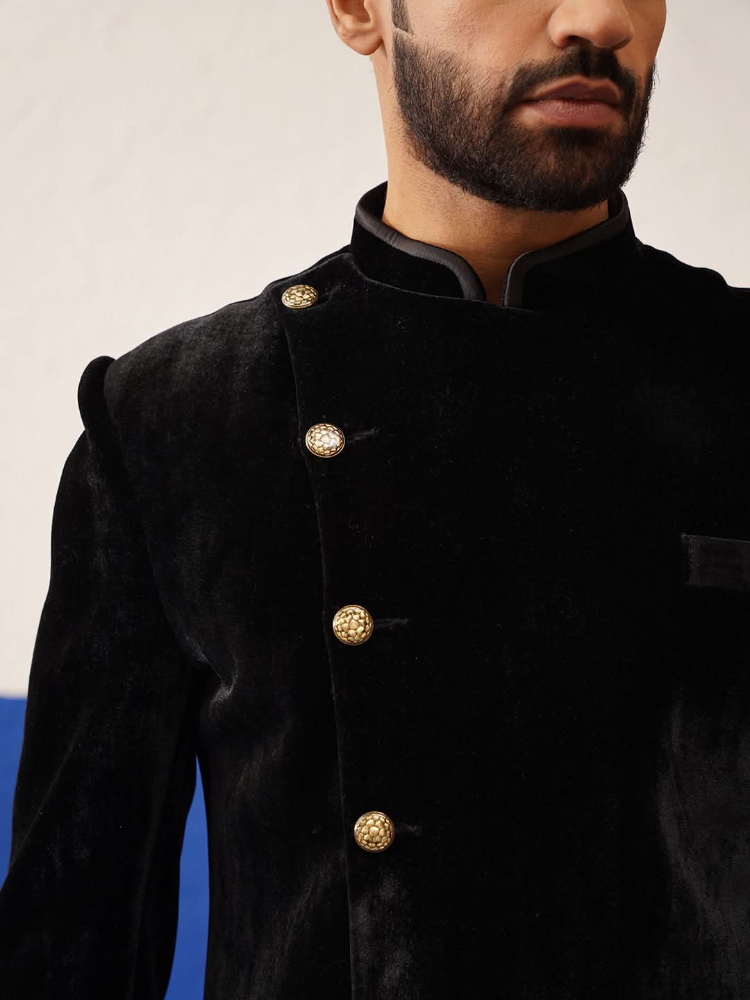 Rishabh Chawla in Black velvet Asymmetric Indowestern