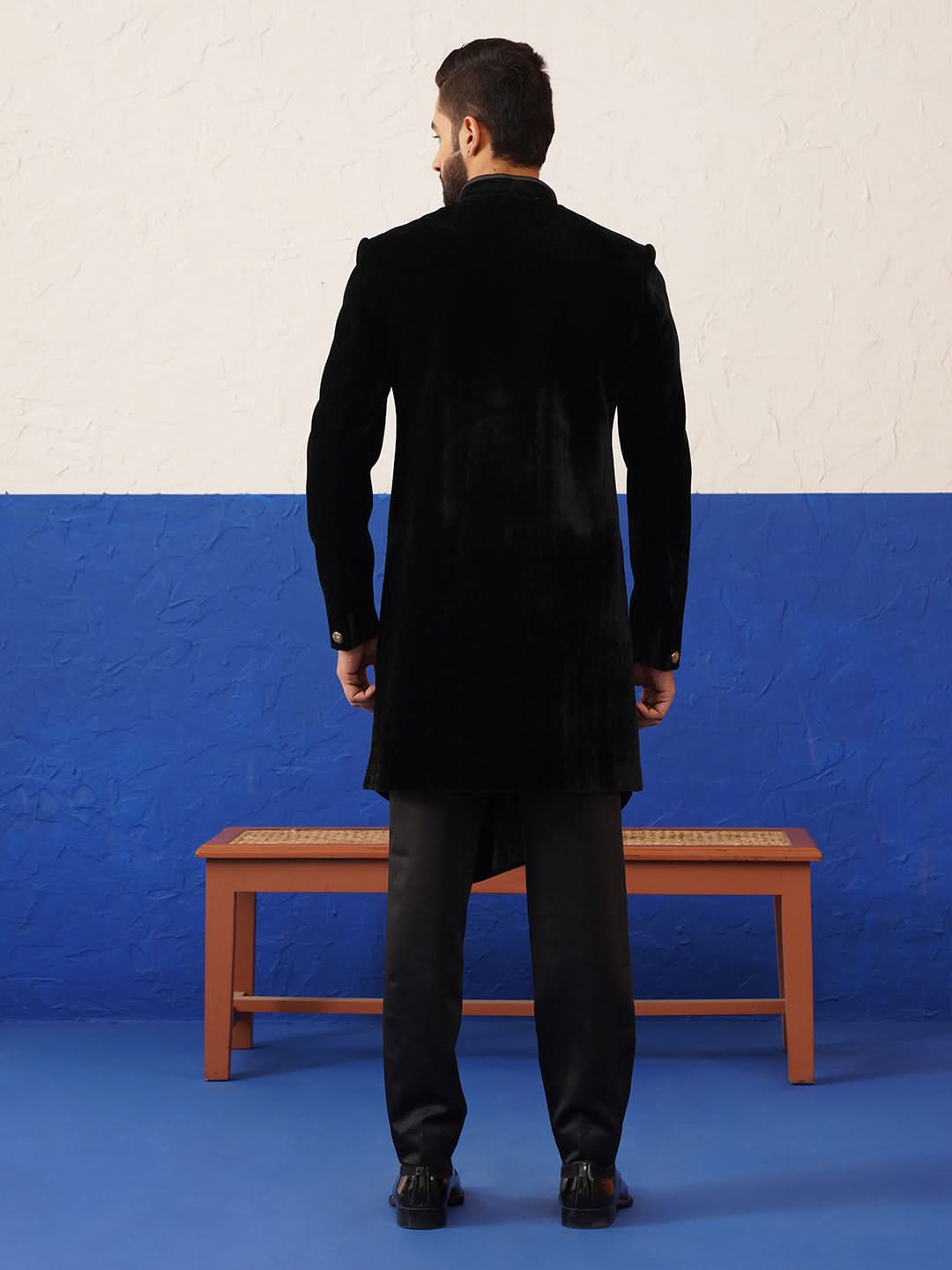 Rishabh Chawla in Black velvet Asymmetric Indowestern