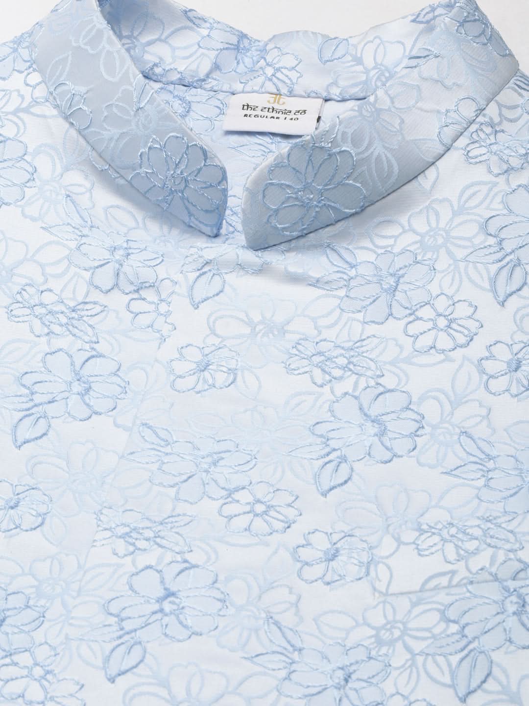 Powder Blue Jacquard Jacket W Blue Cotton Kurta