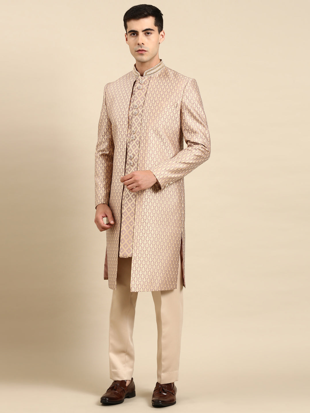 Dusty Pink gold Jacquard layered Indowestern