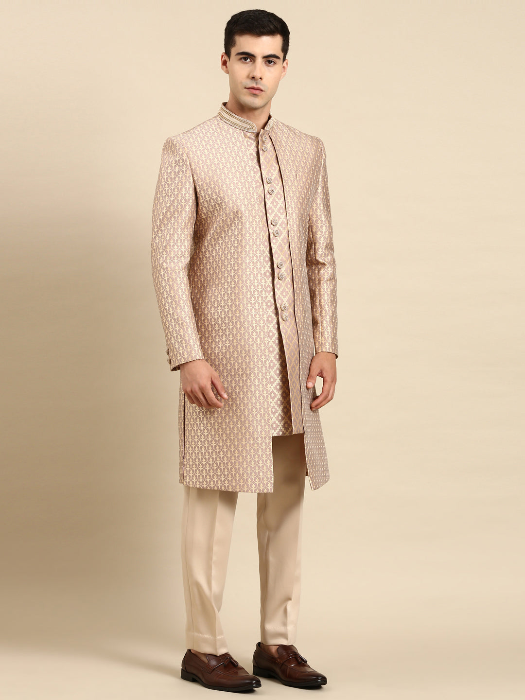 Dusty Pink gold Jacquard layered Indowestern