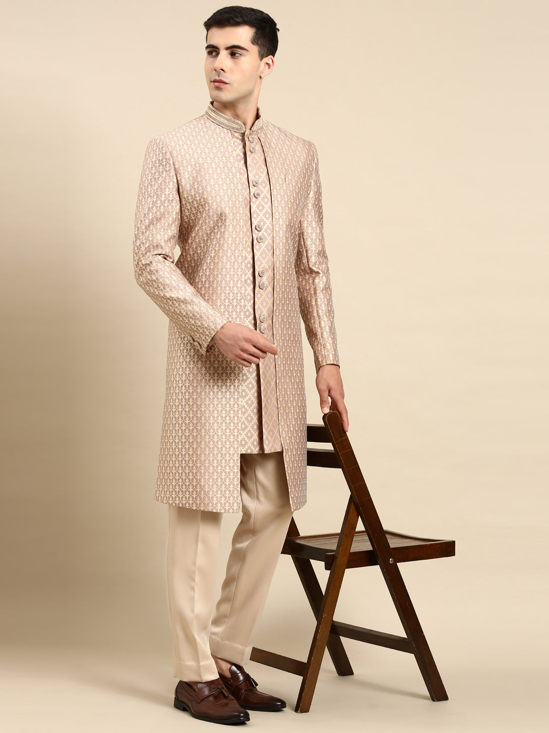 Dusty Pink gold Jacquard layered Indowestern
