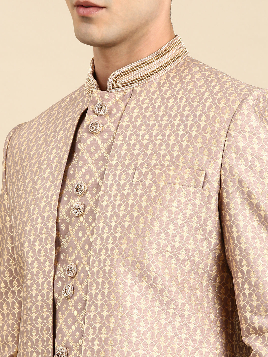 Dusty Pink gold Jacquard layered Indowestern