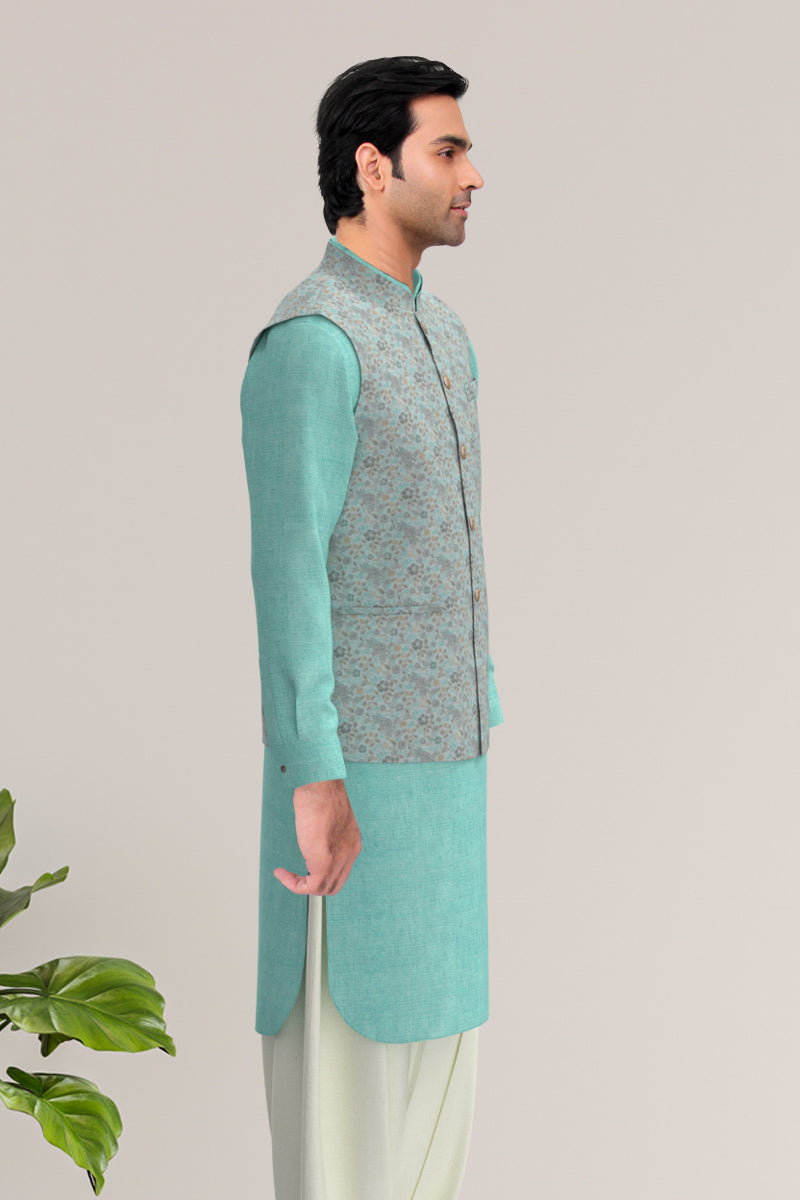 Pastel Blue Jacket With Kurta Set