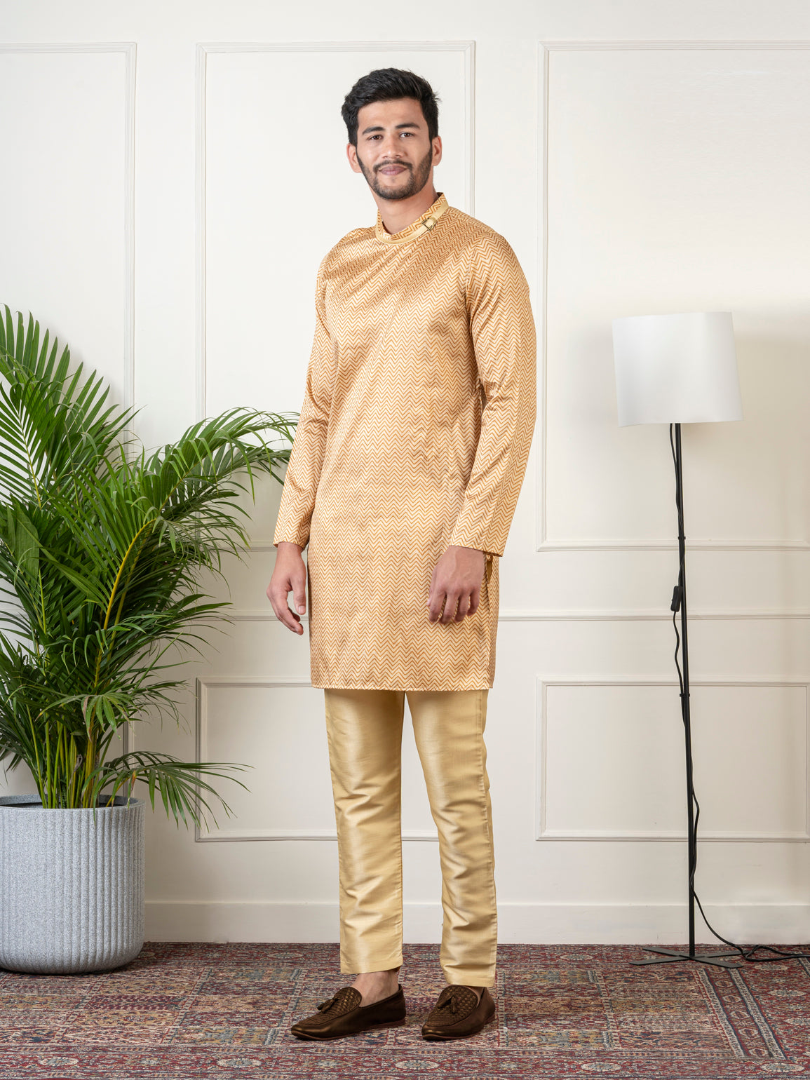 Gold  Harring bone Print Kurta Set