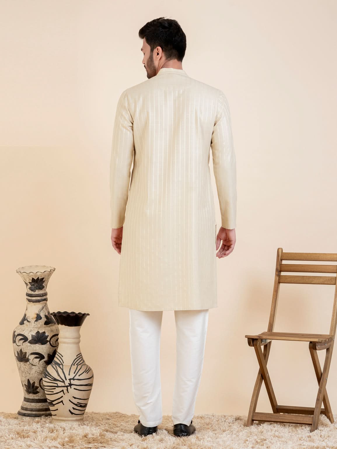 Beige Self Design Side Placket Cotton Kurta Set