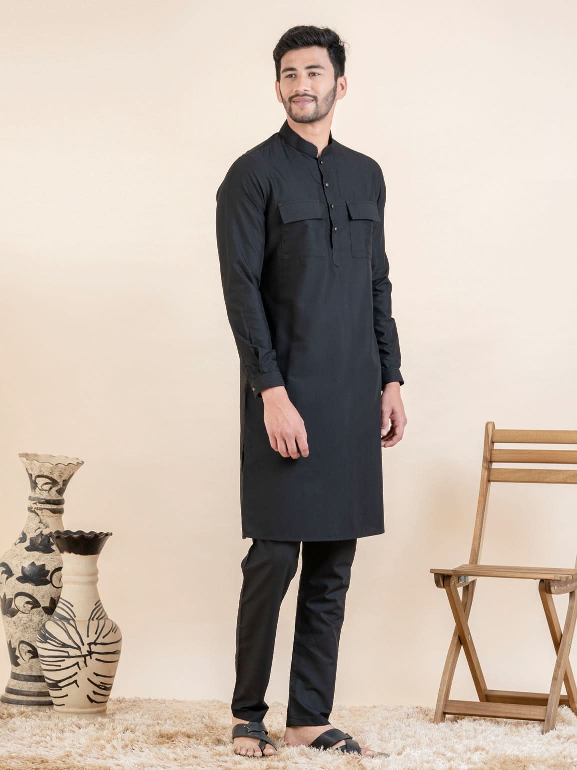 Black Cotton Pathani Kurta Set with Patch pocket