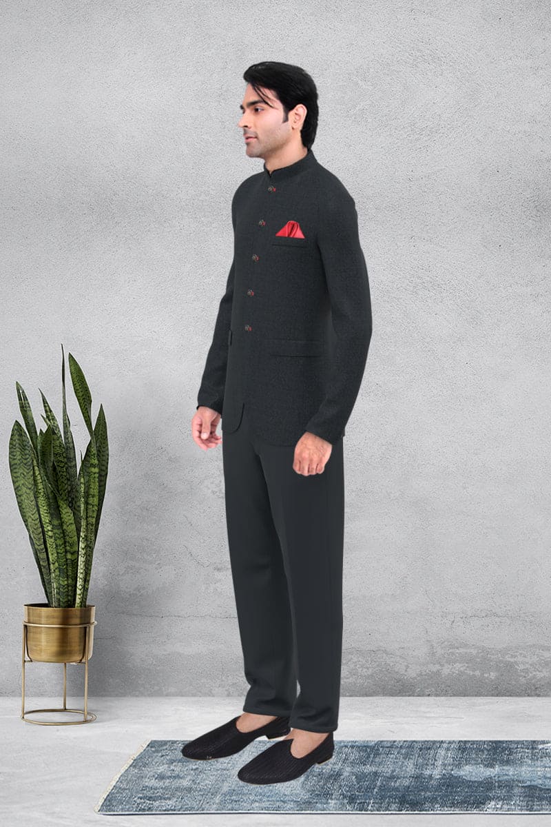Black Navy Herringbone Bandhgala Set