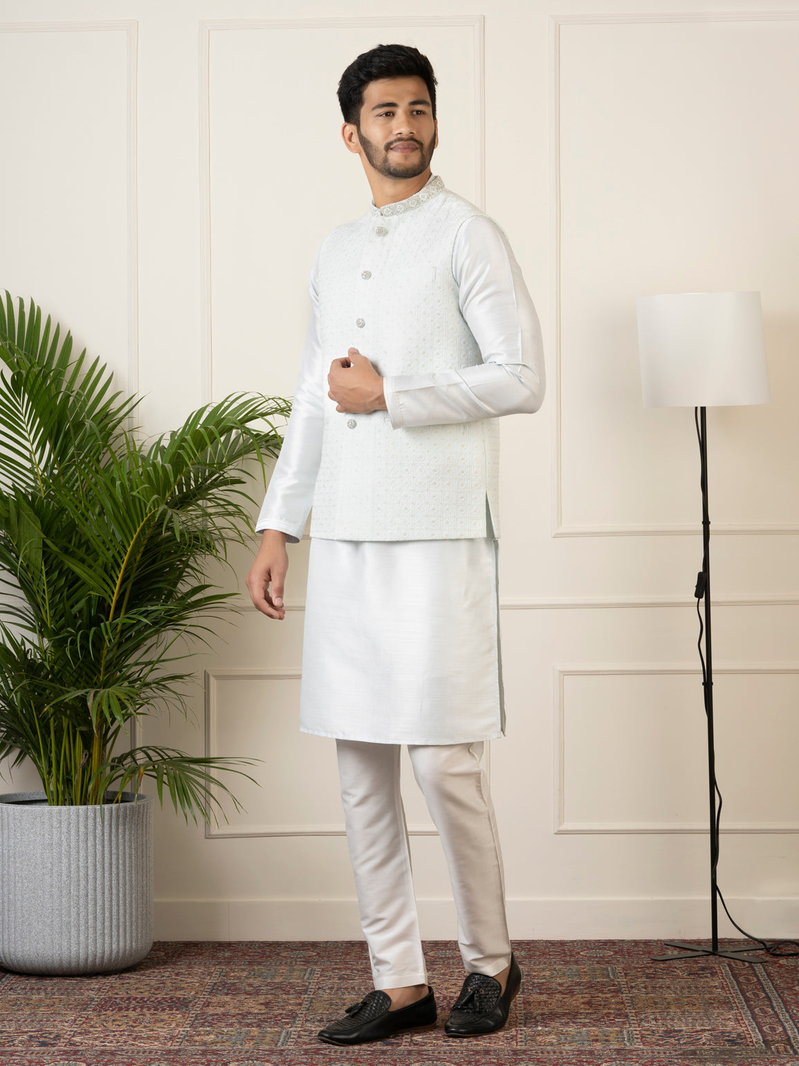 Sky Blue Embroidered Jacket Kurta Set