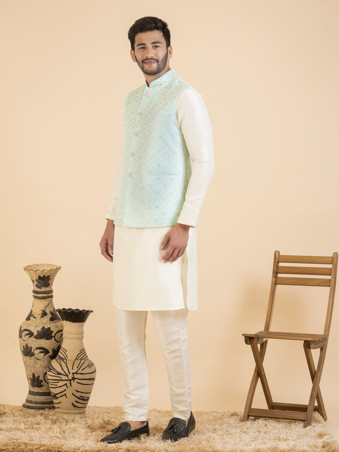 Light Blue Chikankari Jacket Kurta Set