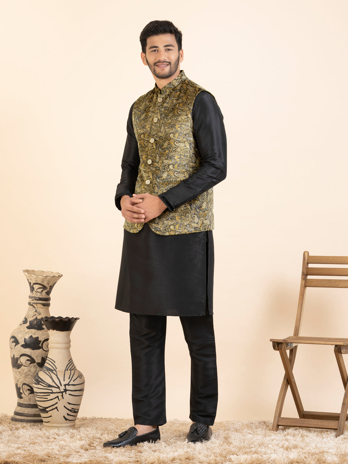 Beige Velvet Printed Cotton Jacket Kurta Set