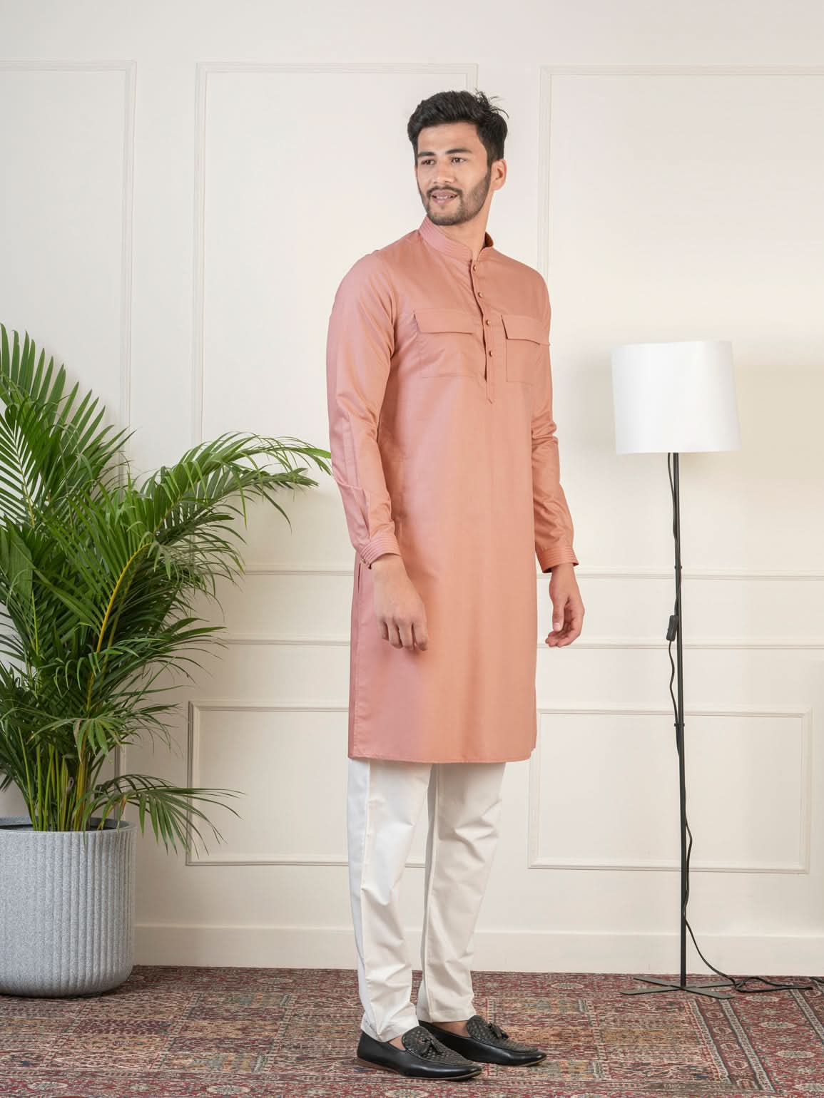 Dark Pink Cotton Pathani Kurta Set with Patch pocket
