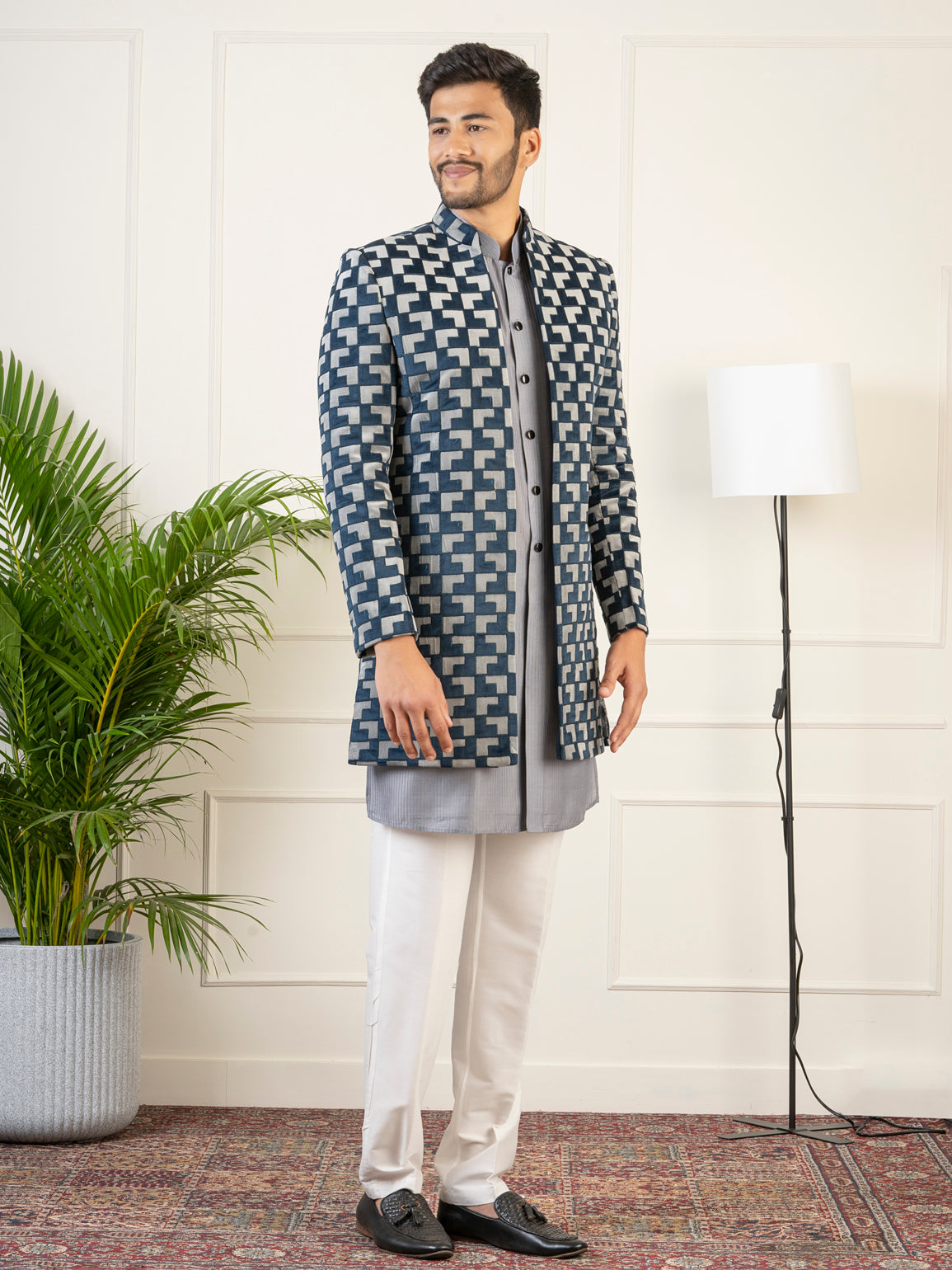 Grey Navy Velvet Indowestern