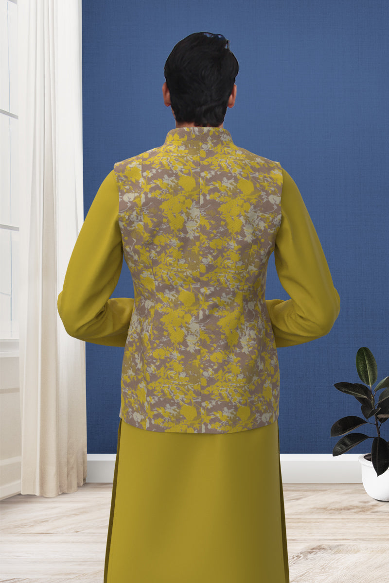 Yellow Floral Jacquard Jacket With Mustard Kurta