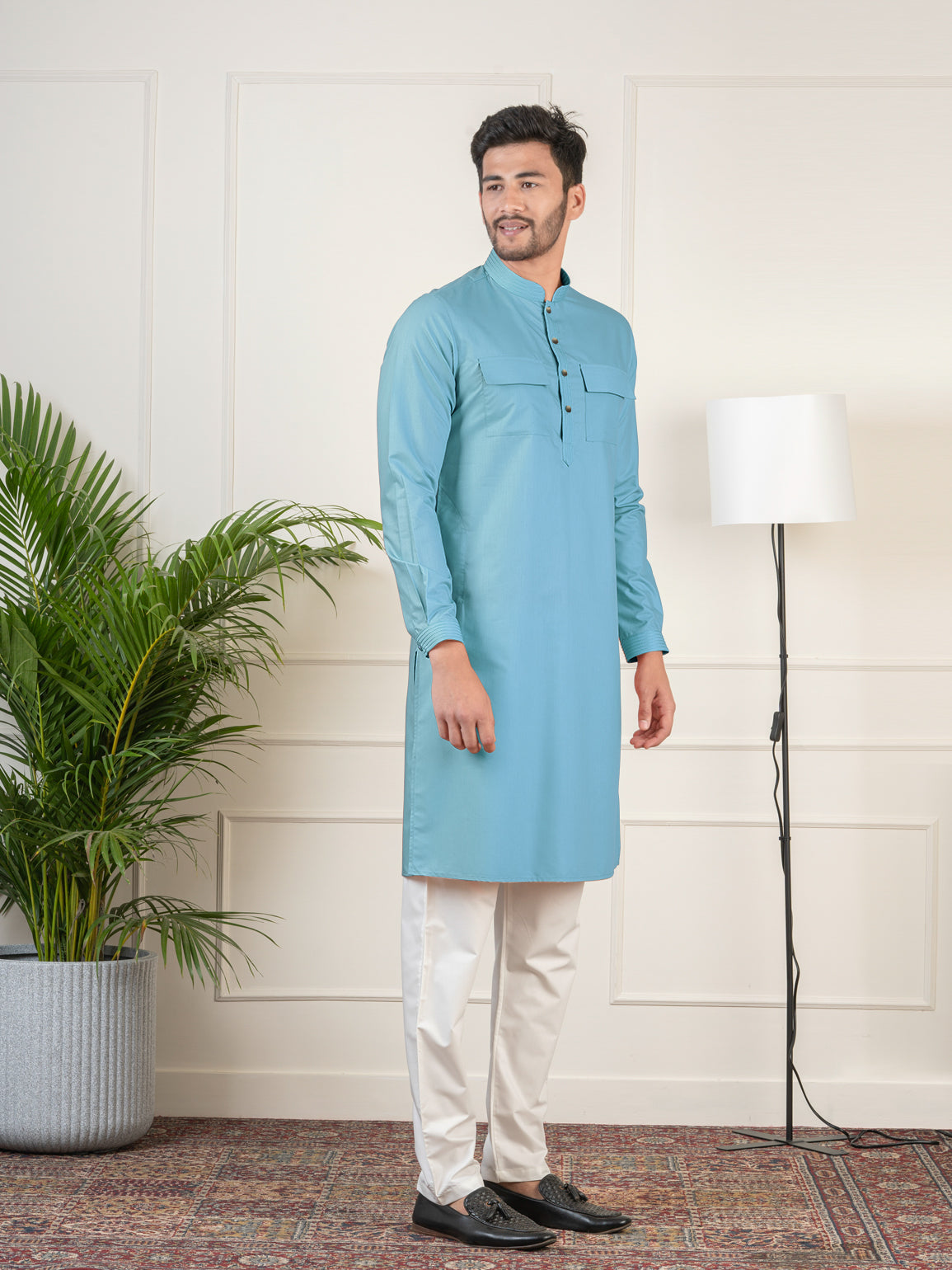 Teal Cotton Pathani Kurta Set with Patch pocket