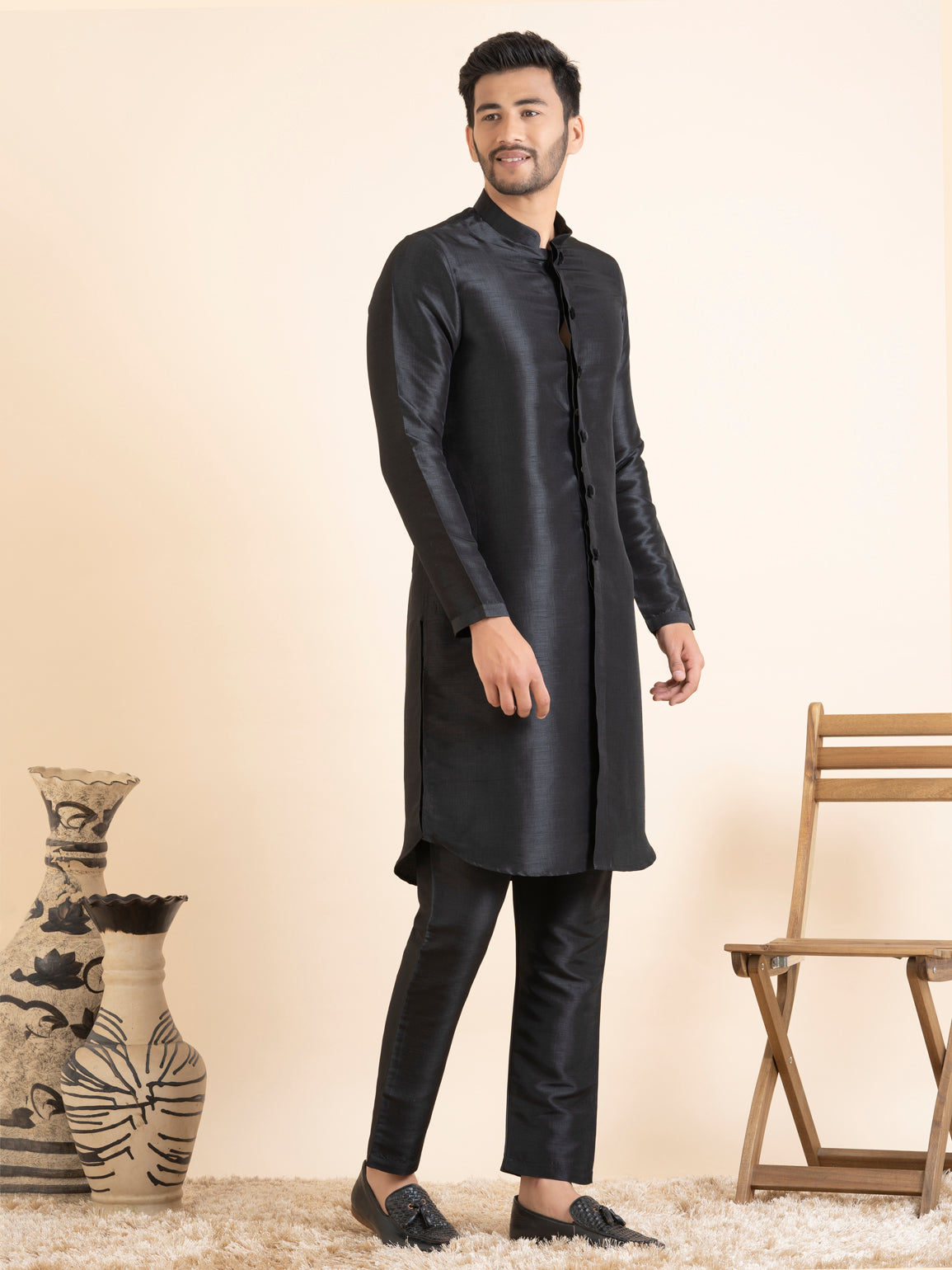 Black Lazer Cut Jacket with Front Open Kurta Set