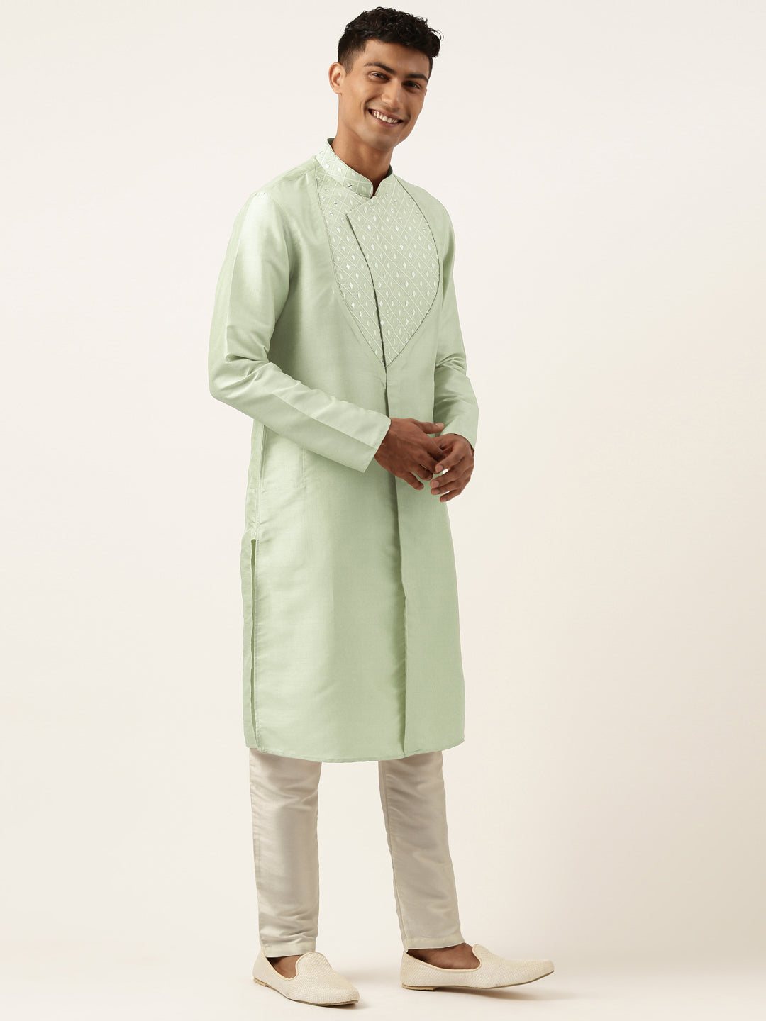 Pistachio Green Embroidery Angrakha Kurta Set