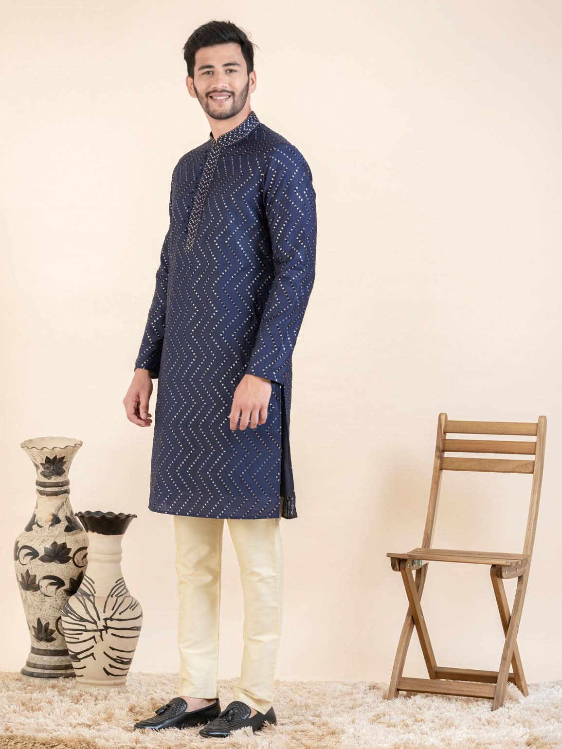 Navy Zigzag Embroidered Kurta Set