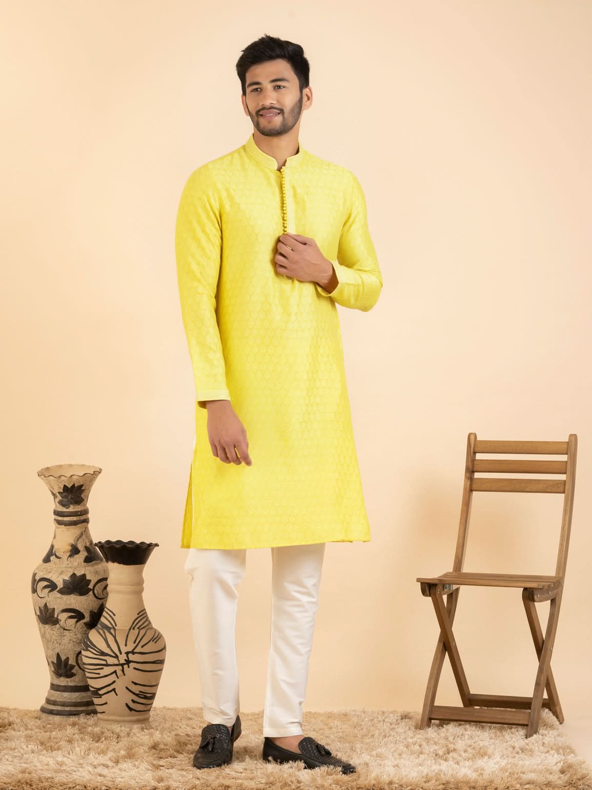 JACQUARD YELLOW KURTA SET