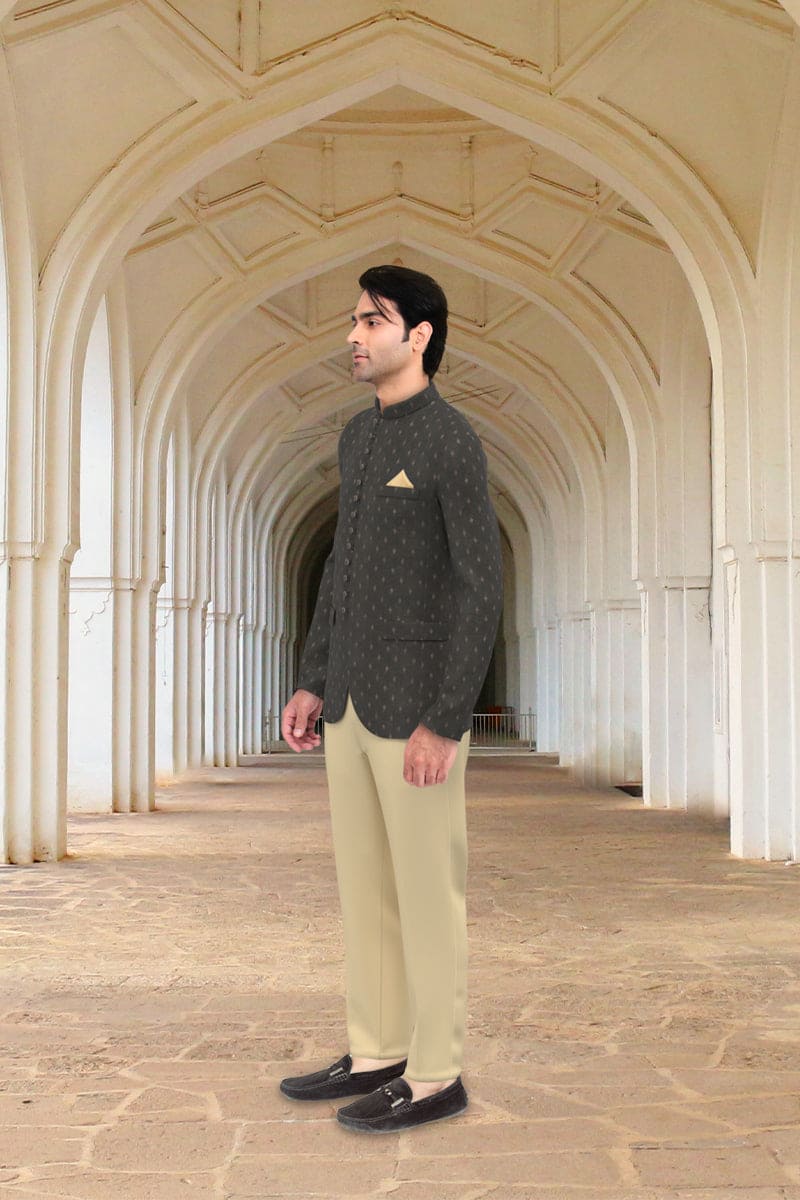 Chocolate Brown Suede fabric with Golden motifs Bandhgala Set