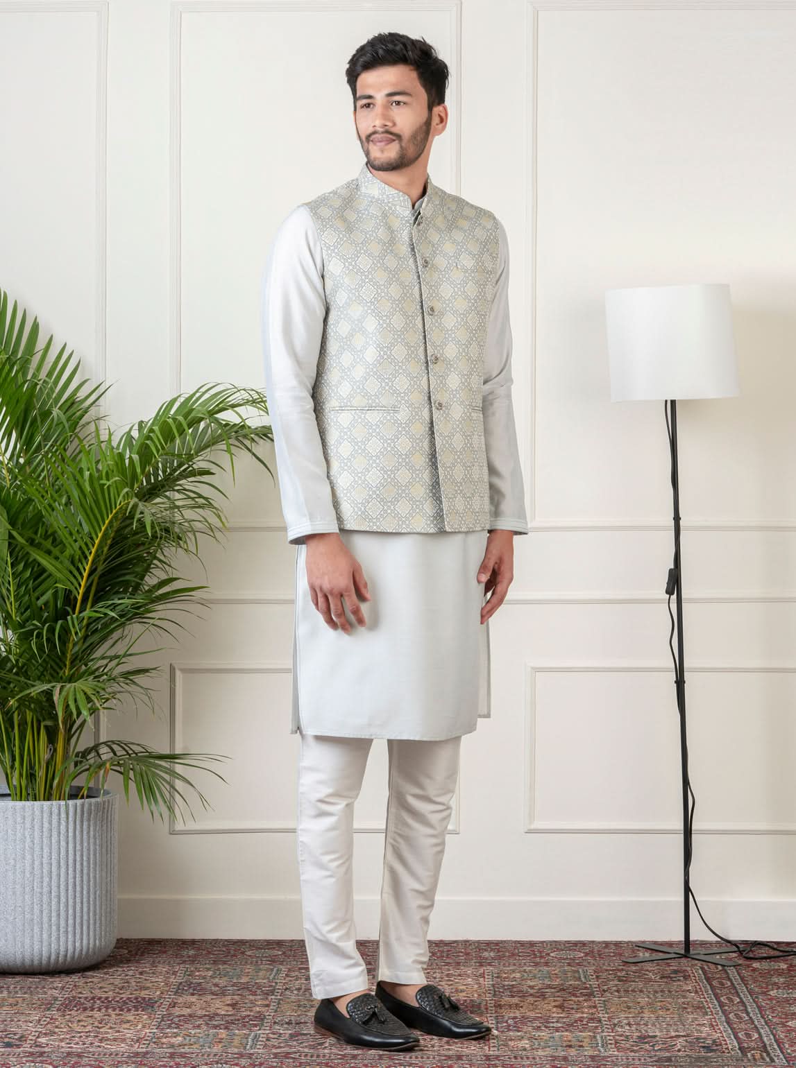 Ivory Grey Jacquard Jacket Kurta Set