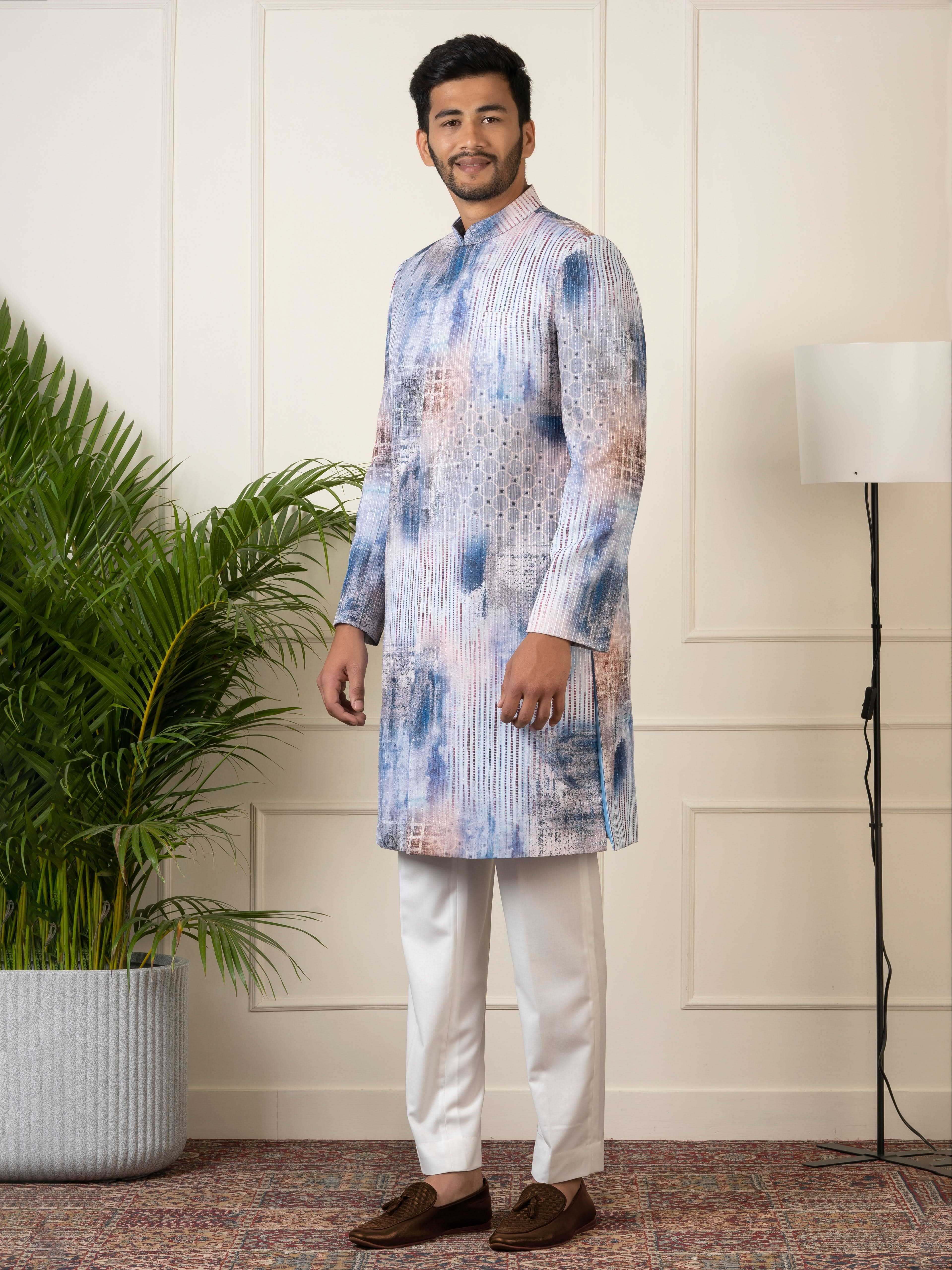 Blue Printed Seqin Embriodered Indowestern