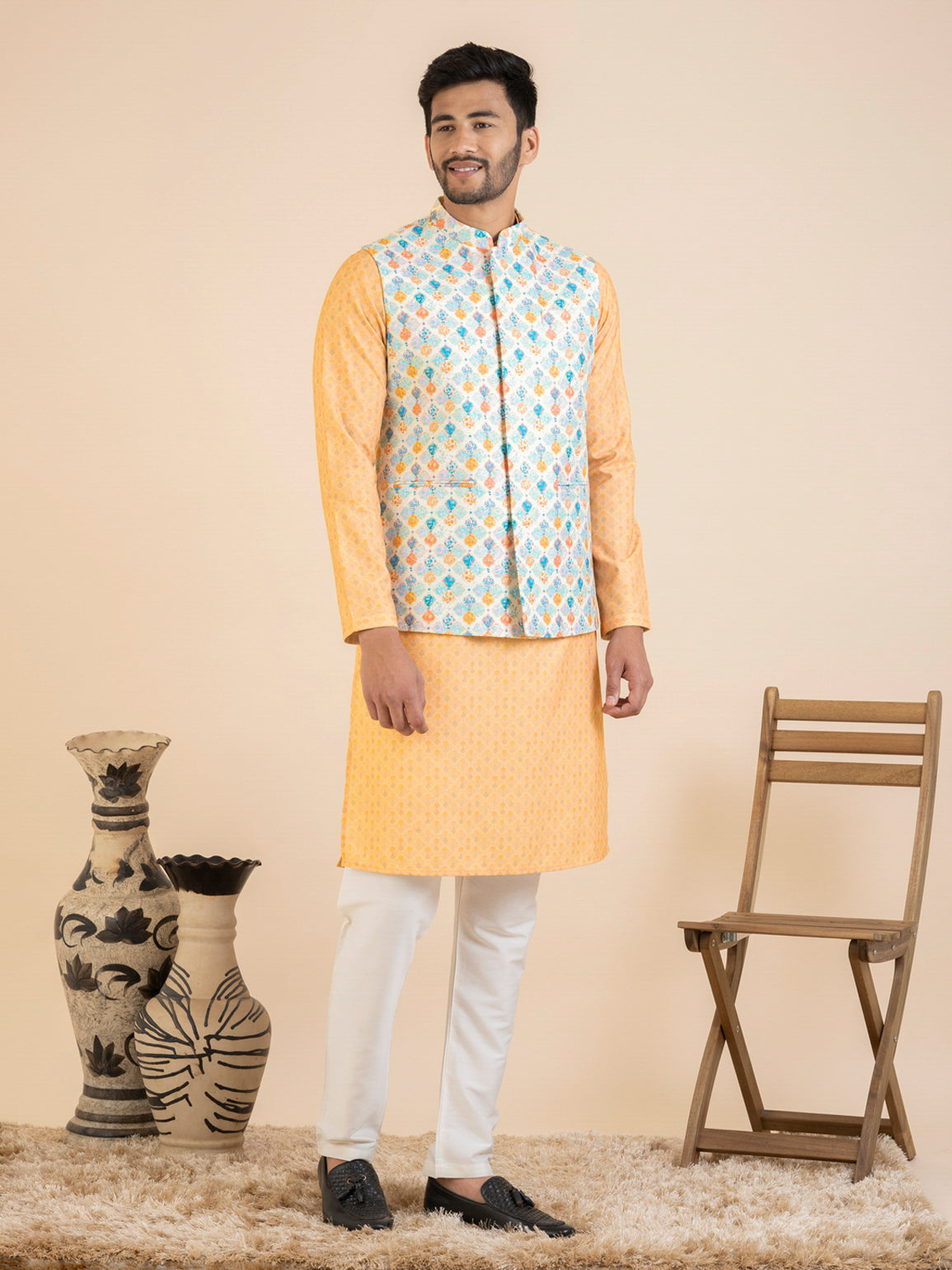 White Vibrant Cotton Printed Jacket Kurta Set