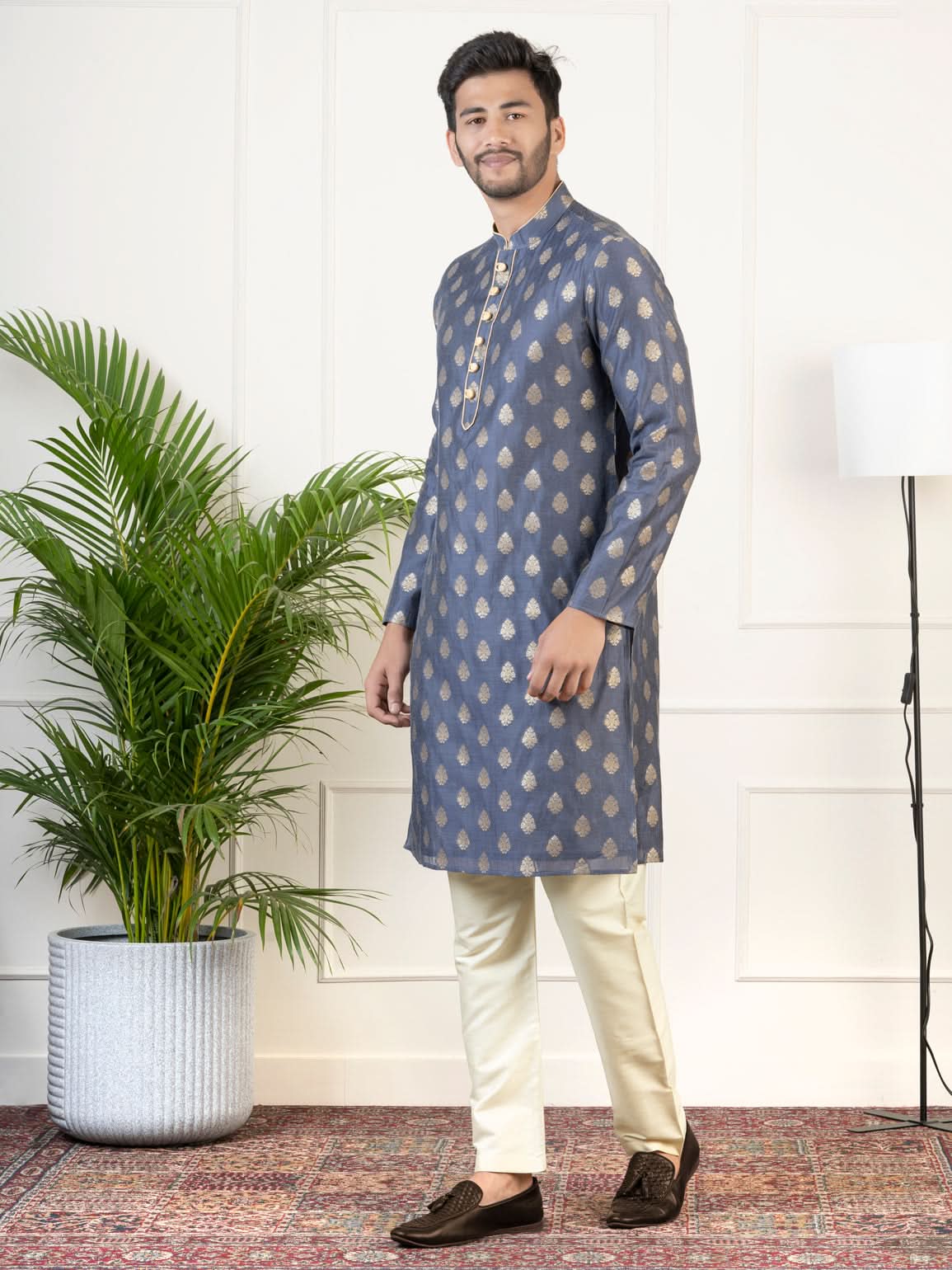 Navy Jacquard Golden Booti Chanderi Silk Kurta Set