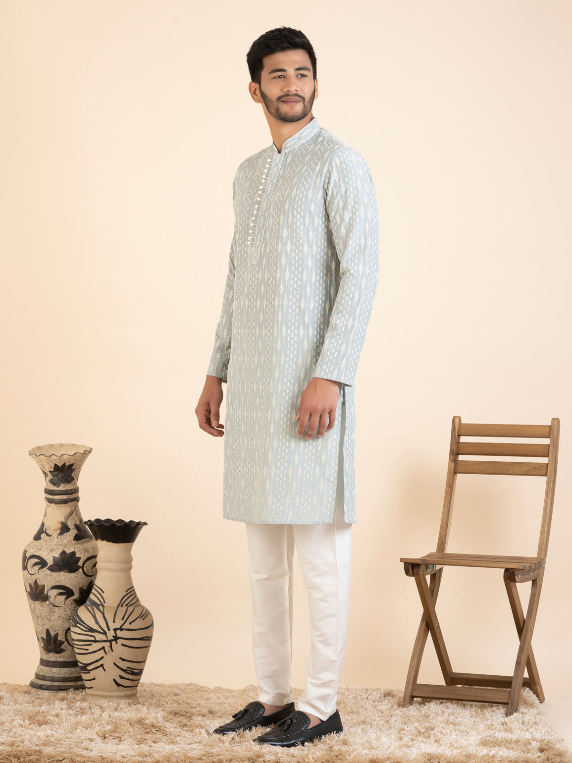 Greyish Blue Embroidered Kurta Set