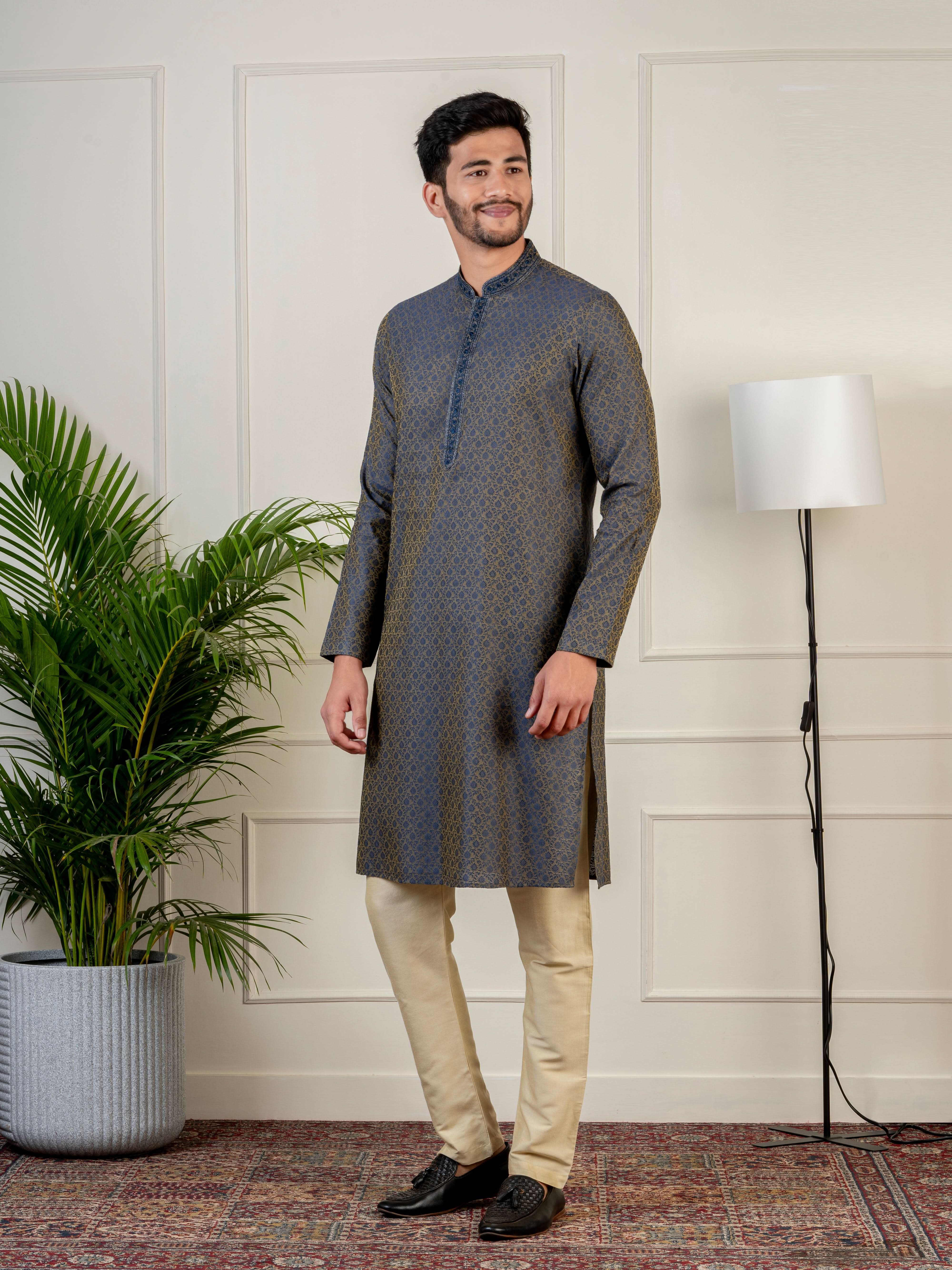 Navy Jacquard Embroidered Kurta Set