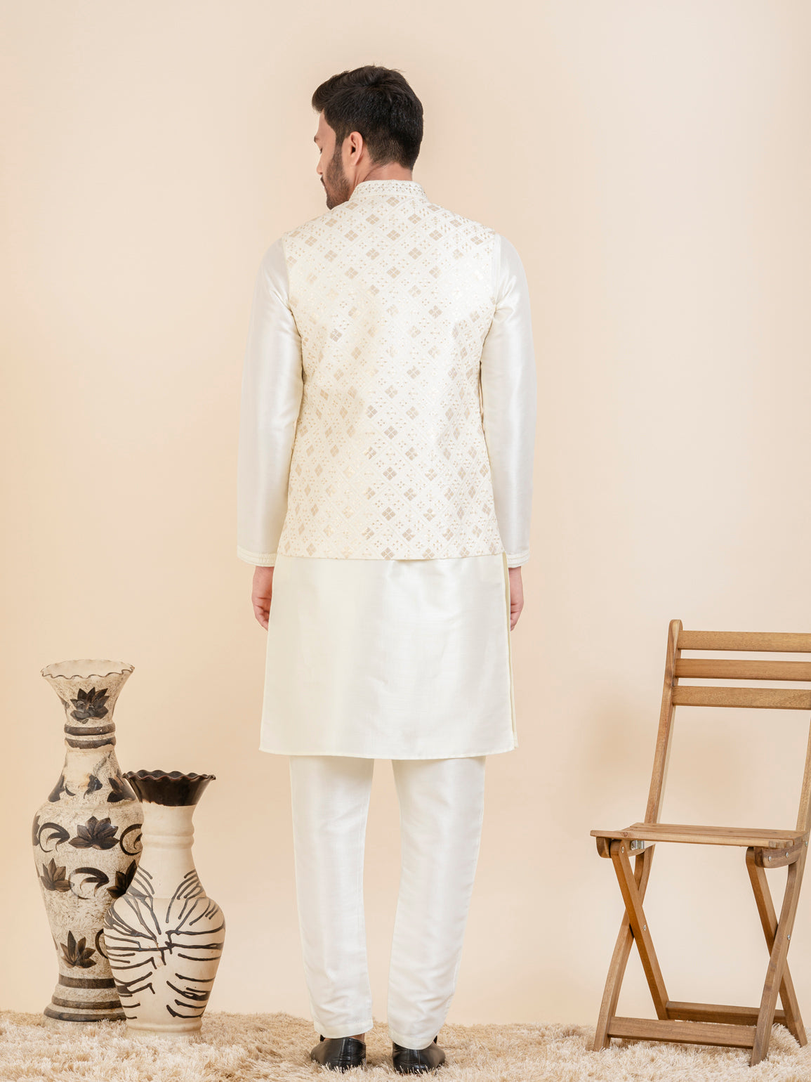 Cream Sequin Embroidered Jacket Kurta Set