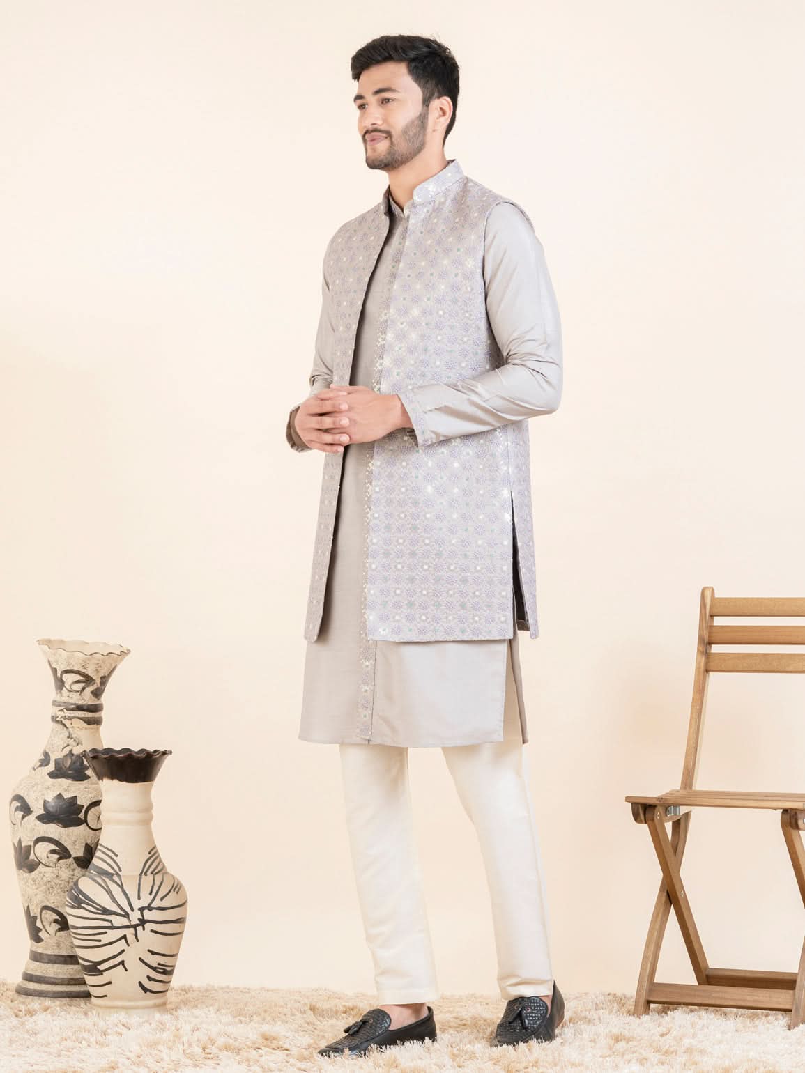 Lilac Embroidered Long Jacket Kurta Set