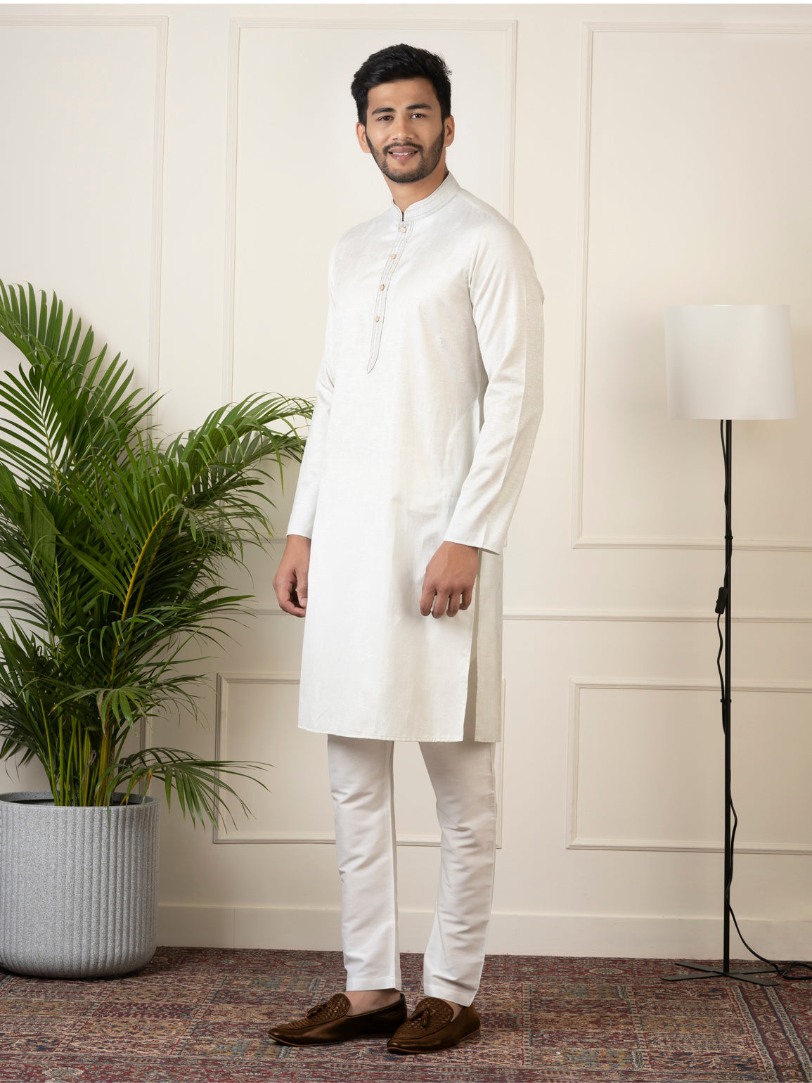 Off White Jacquard Embroidered Kurta Set
