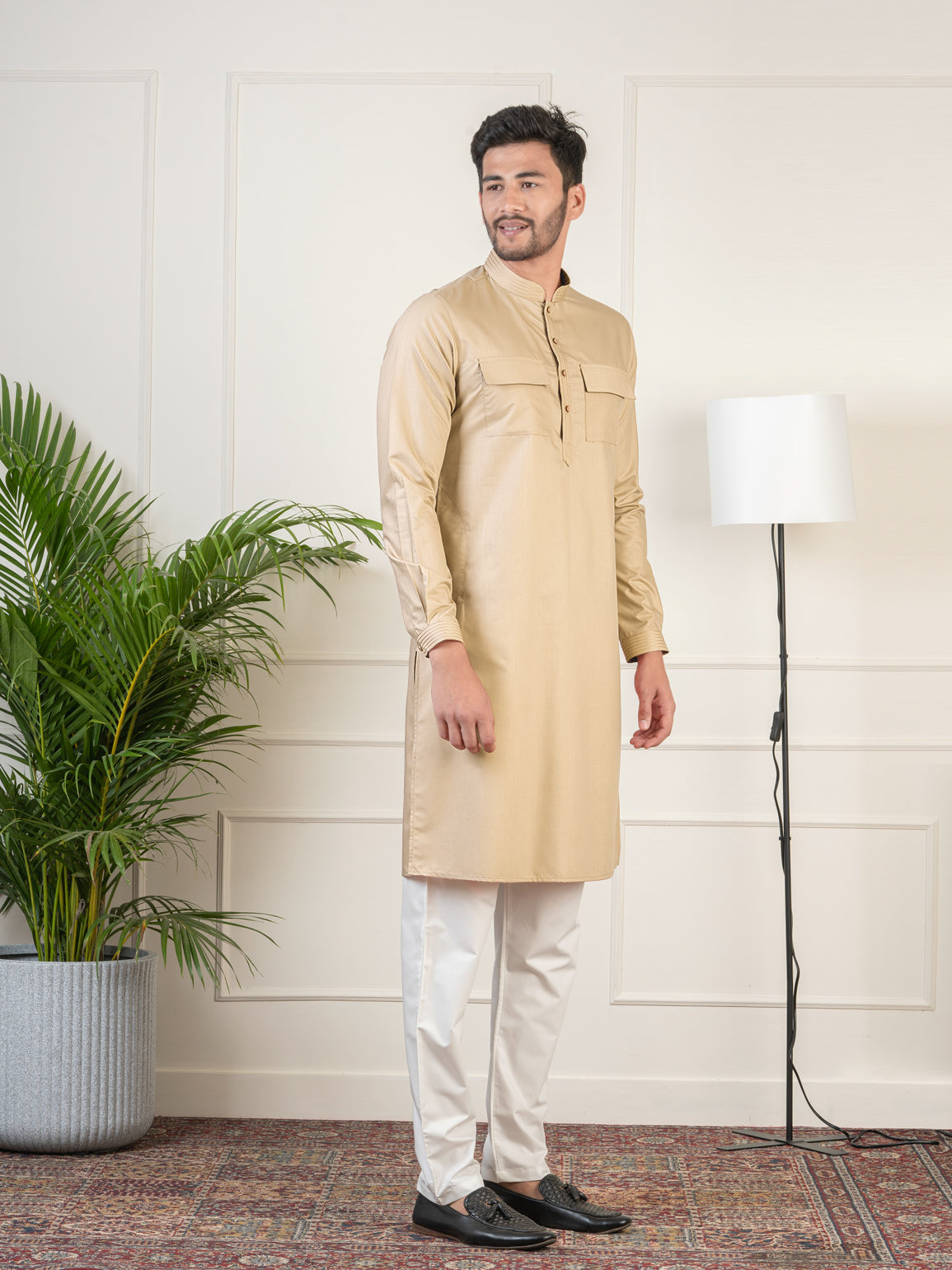 Beige Cotton Pathani Kurta Set with Patch pocket
