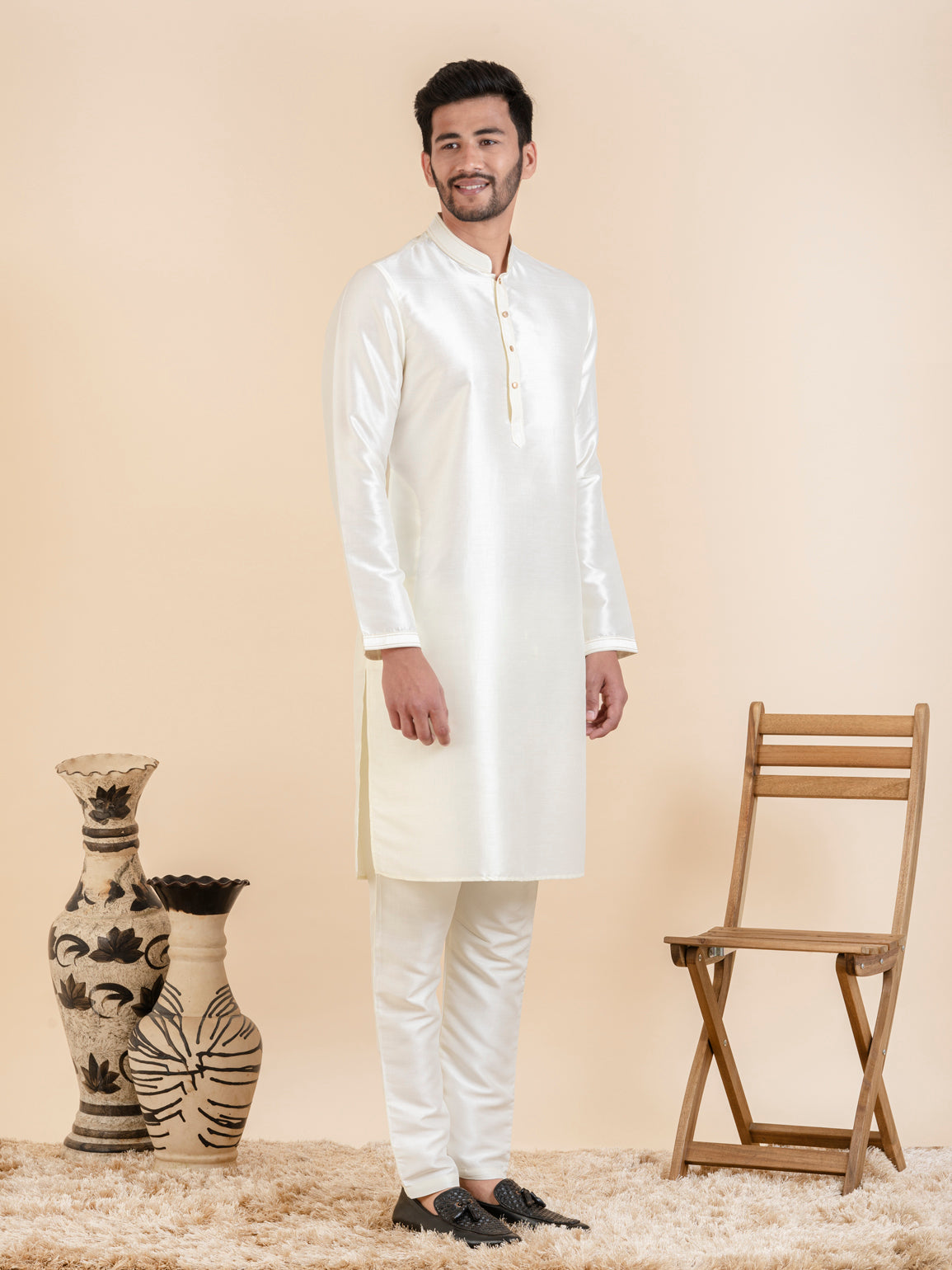 Off White Embroidered Bundi With Kurta Set