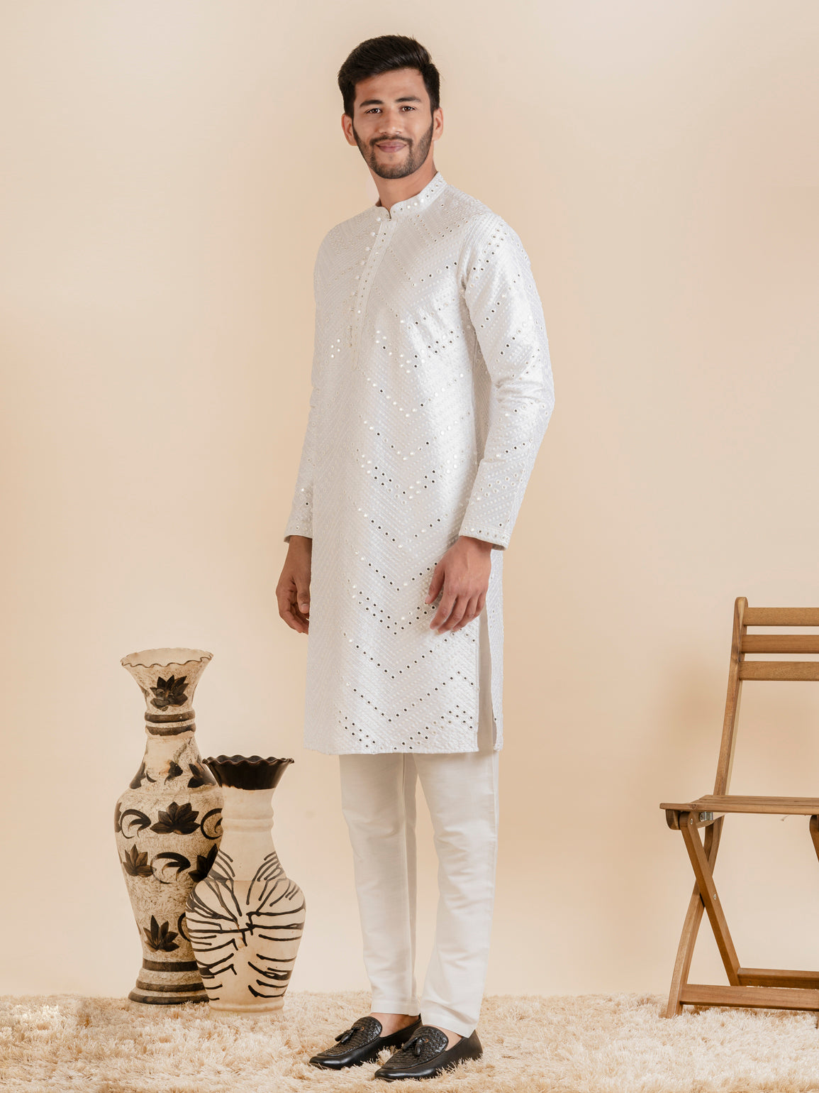 White Silk Mirror Embroidered Kurta Set