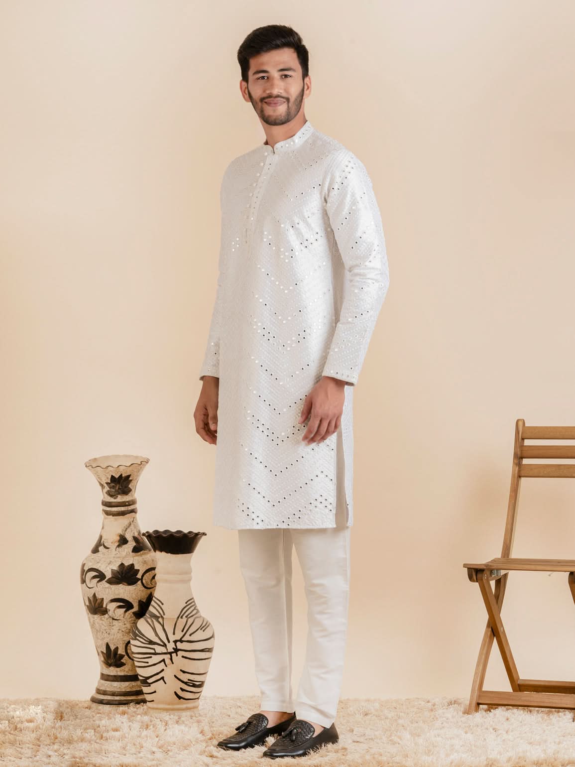 White Silk Mirror Embroidered Kurta Set