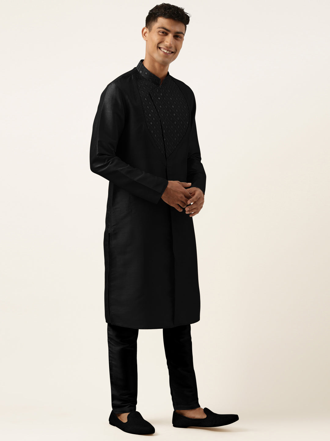 Black Embroidery Angrakha Kurta Set