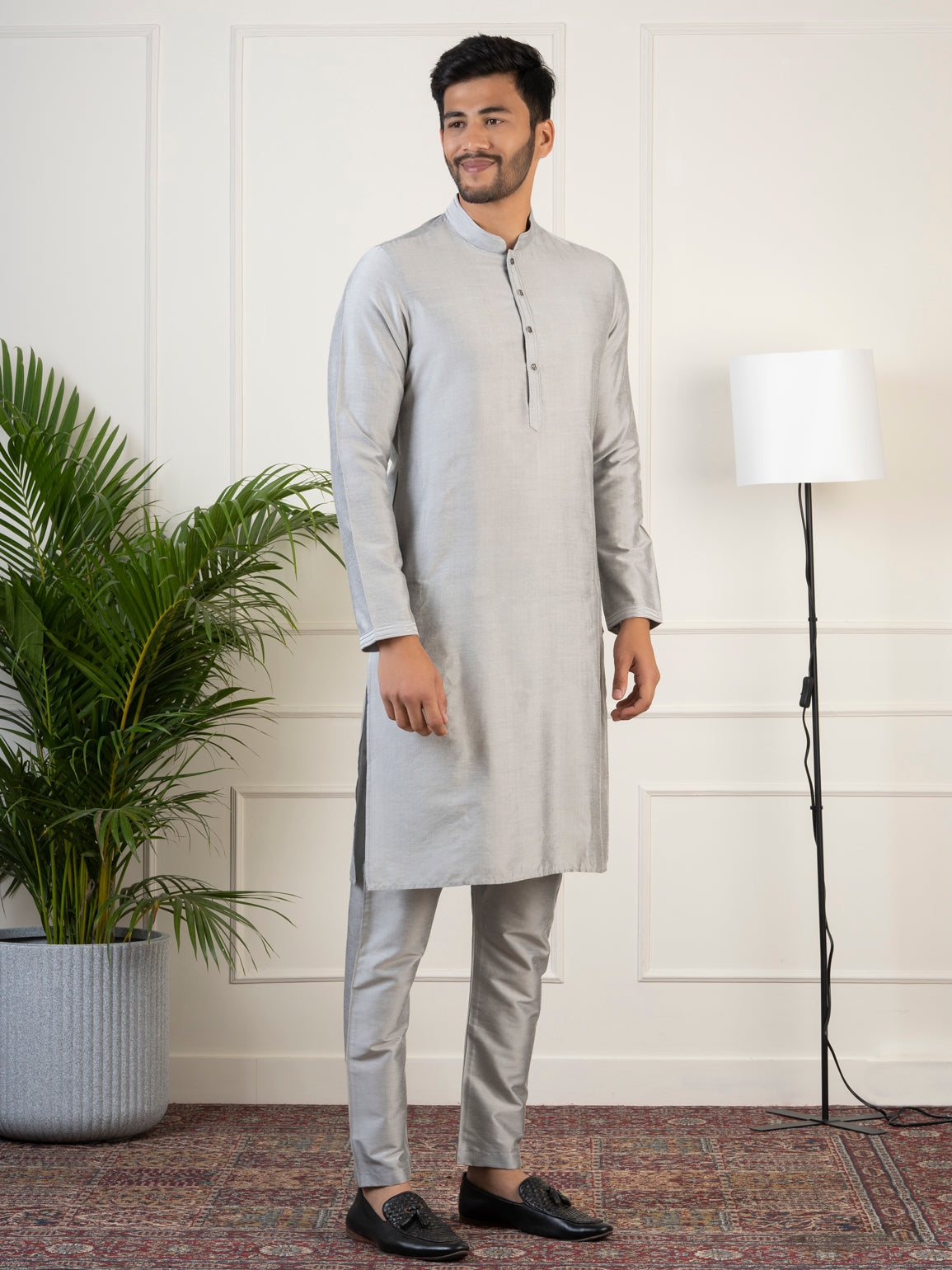 Bluish-Grey Jacquard Jacket With Grey Kurta