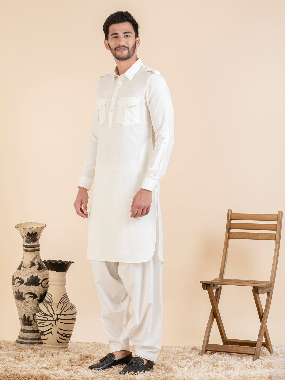 Cream cotton Pathani with Salwar