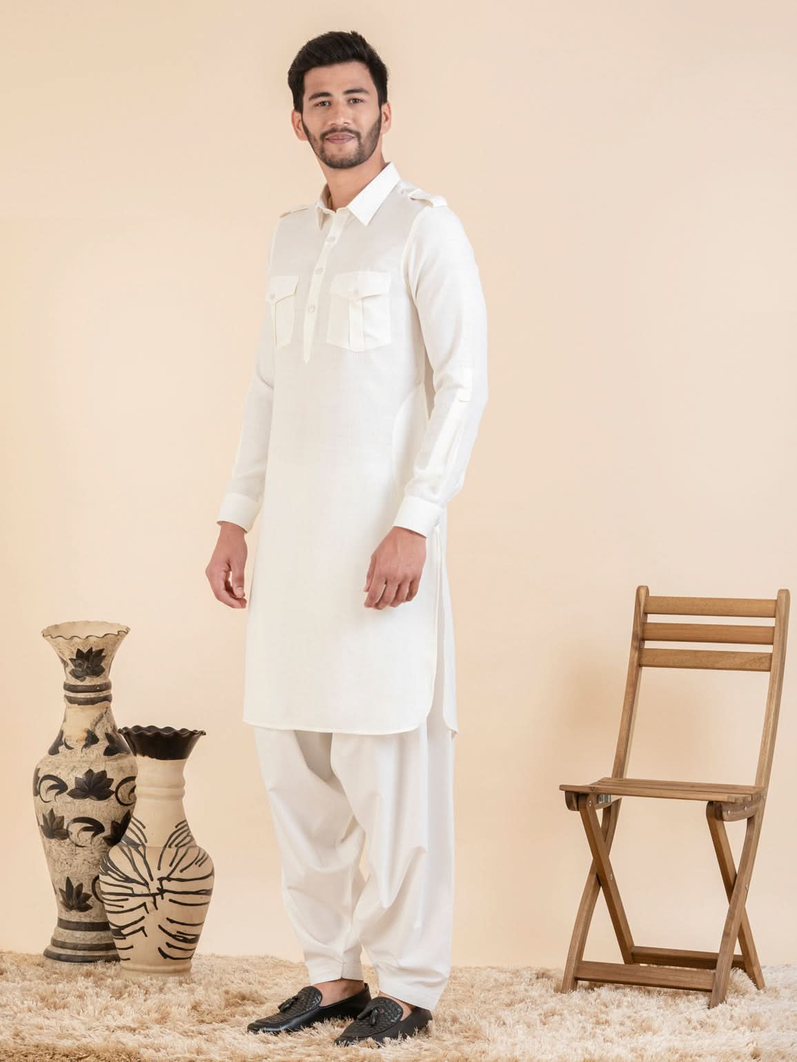 Cream cotton Pathani with Salwar